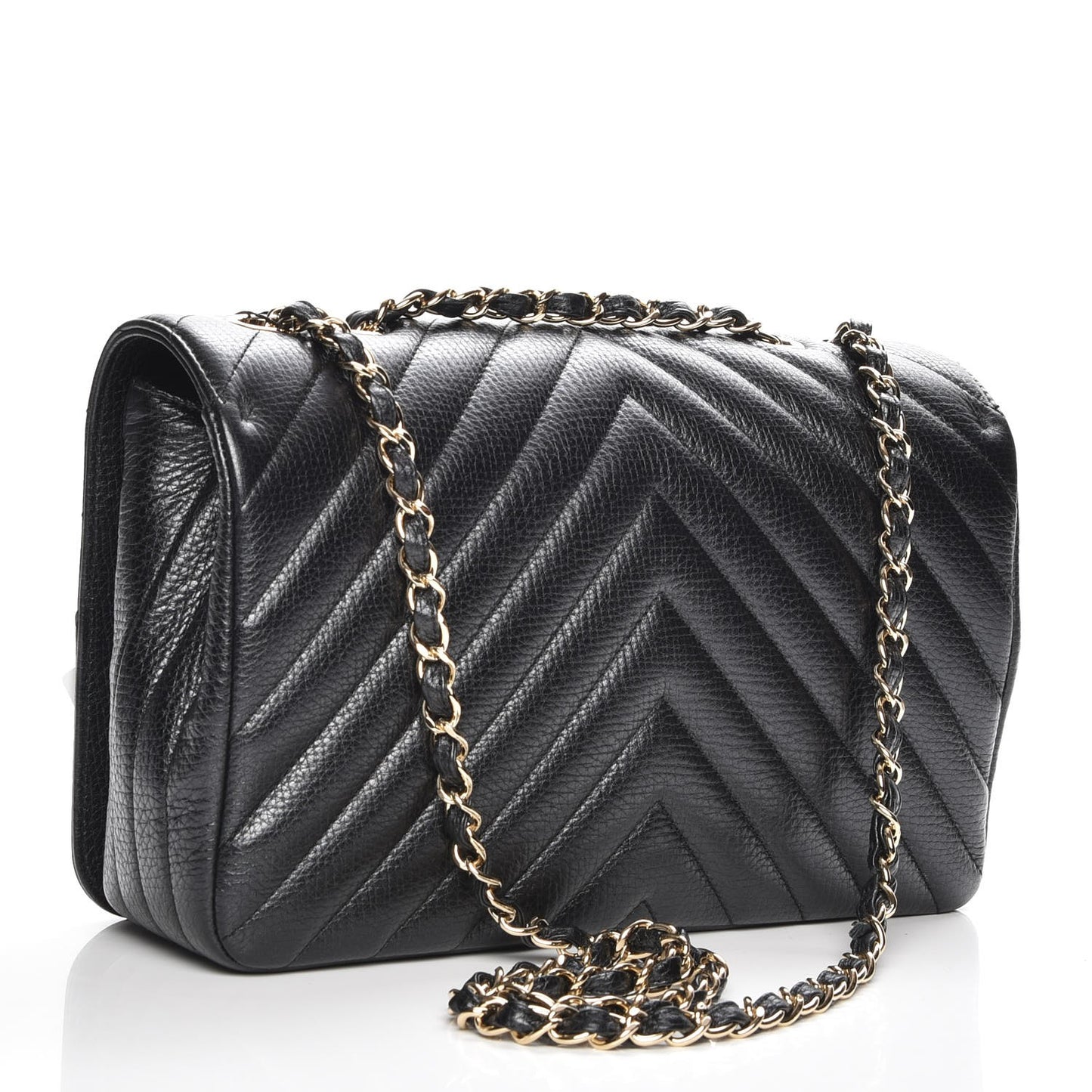 Metallic Calfskin Chevron Quilted Medium Statement Flap Black