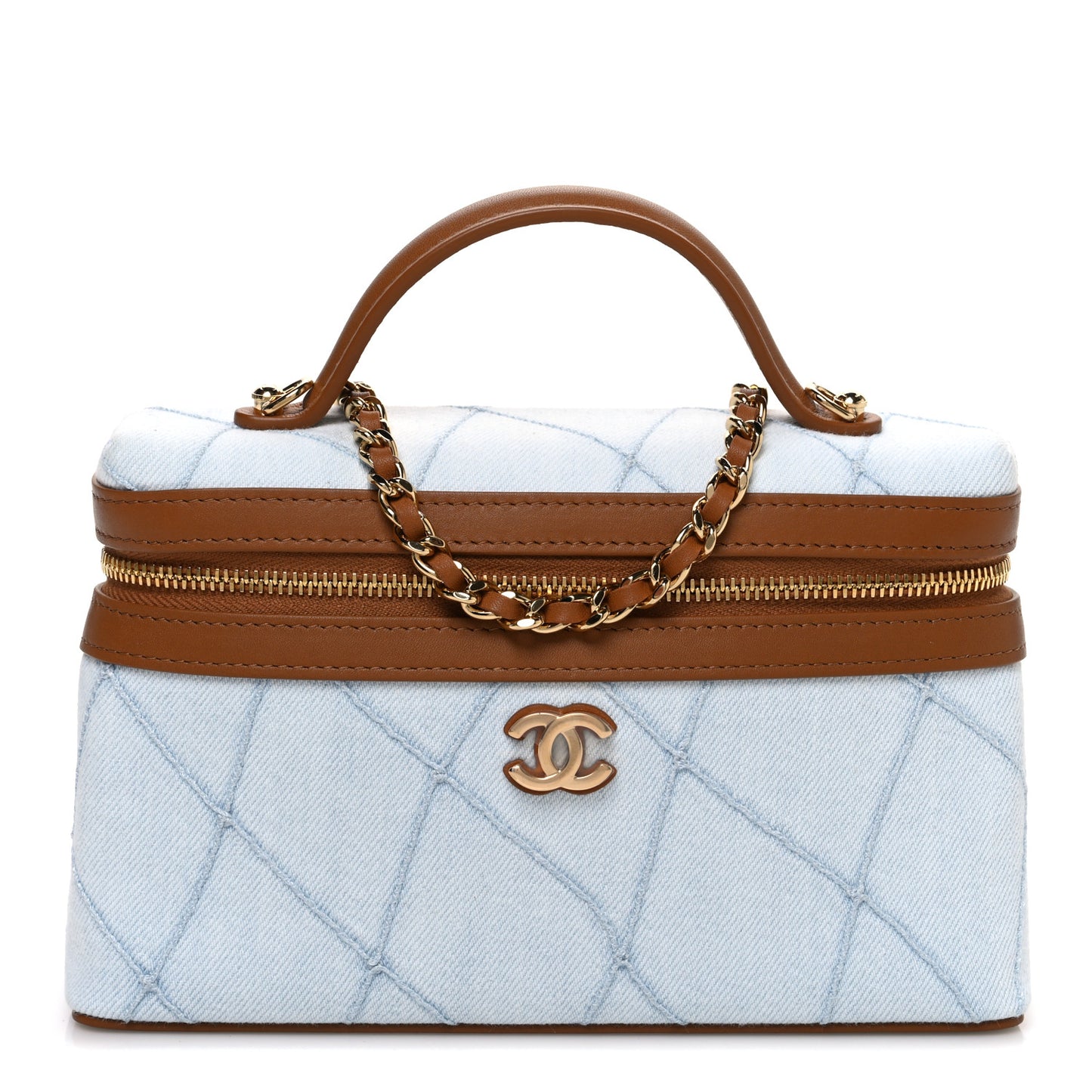 Washed Denim Calfskin Quilted Top Handle Slim Vanity Case With Chain Blue Brown