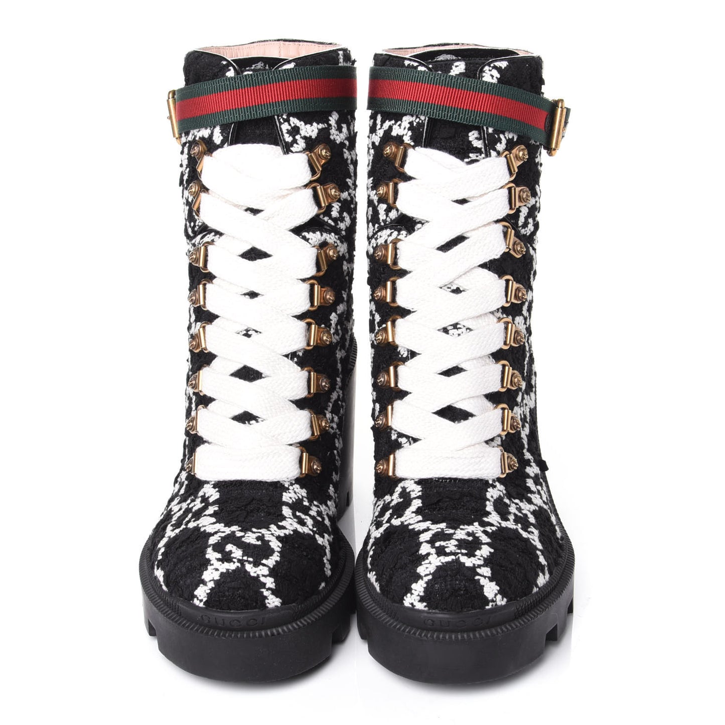 Tweed GG Monogram Lace Up Combat Ankle Boots 36.5 Black