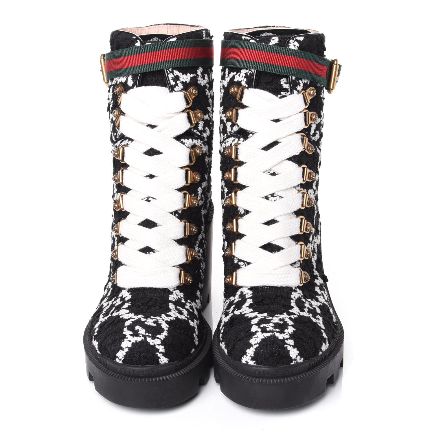 Gucci Tweed GG Monogram Lace Up Combat Ankle Boots 36.5 Black 5 of 11