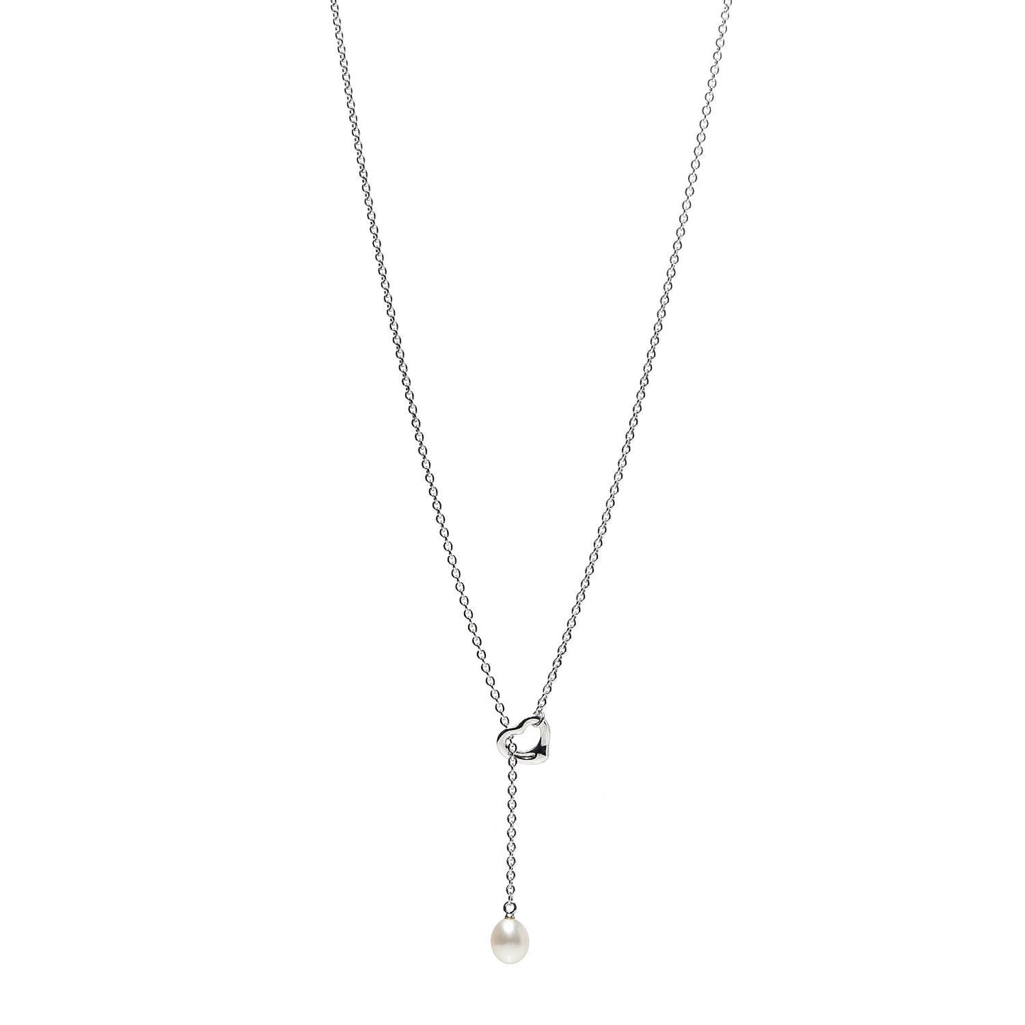 Sterling Silver Pearl 9-9.5mm Elsa Peretti Open Heart Lariat Necklace