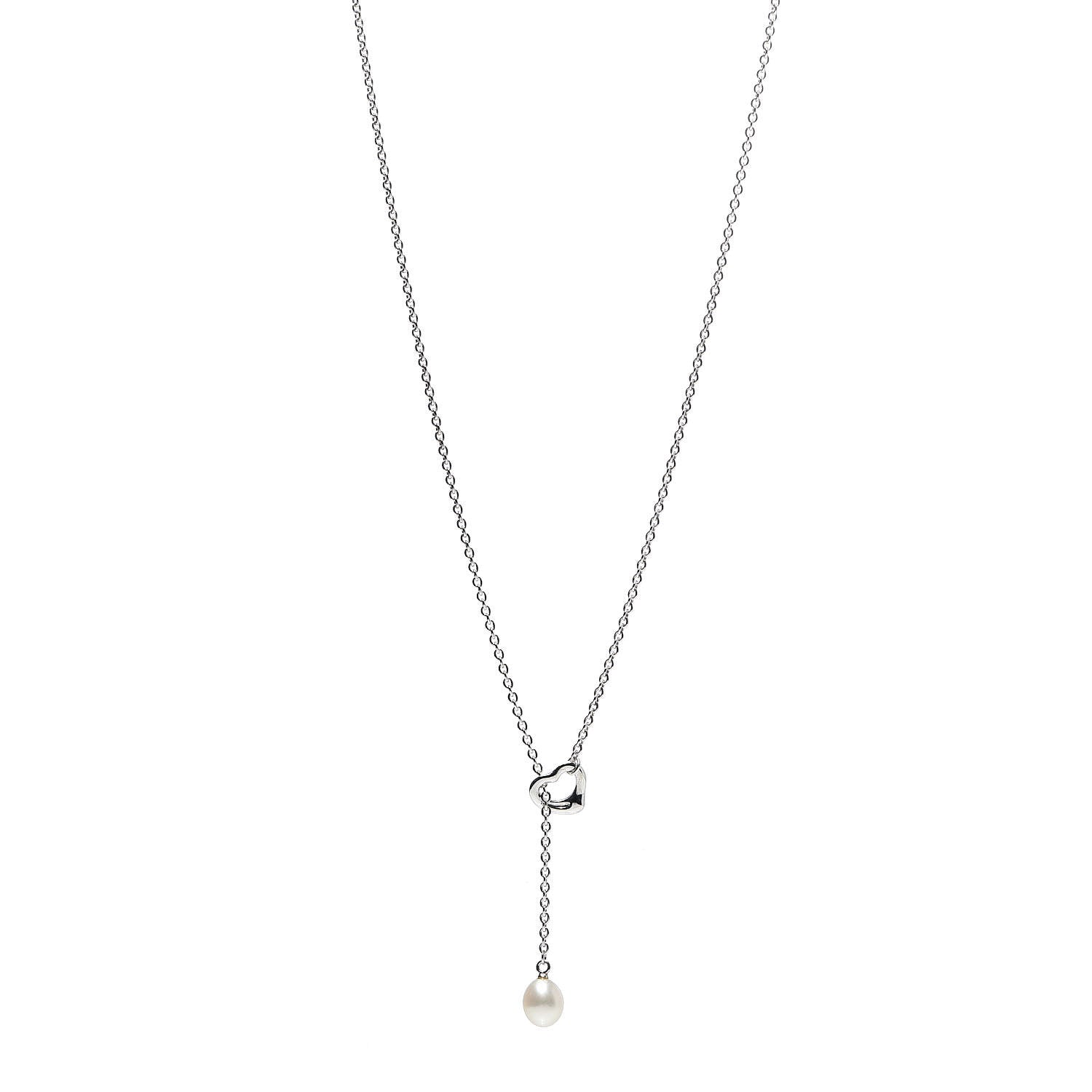 Tiffany Sterling Silver Pearl 9-9.5mm Elsa Peretti Open Heart Lariat Necklace 1 of 9