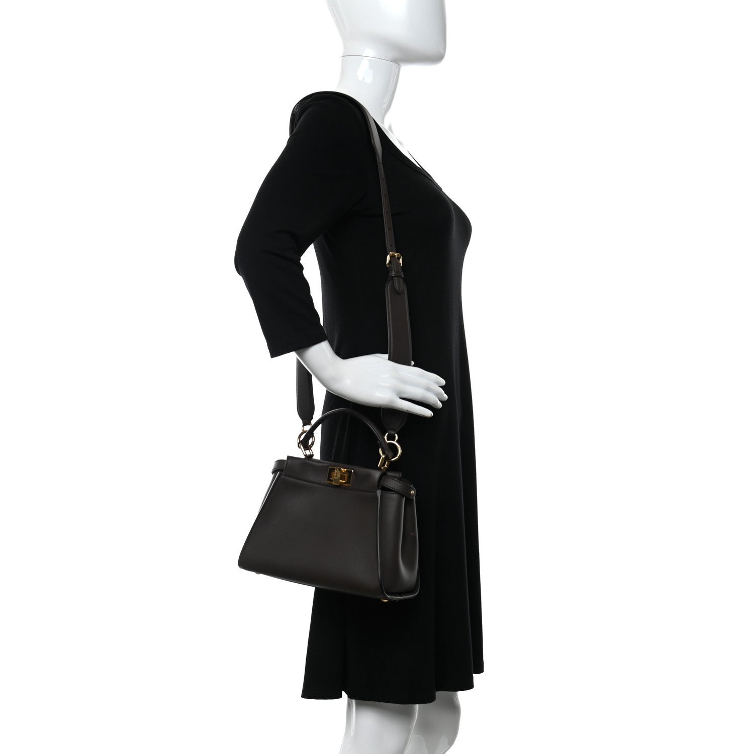 Fendi Vitello Seta Suede FF Mini Peekaboo Iconic Satchel Chocolate Sigaro Marrone 2 of 11