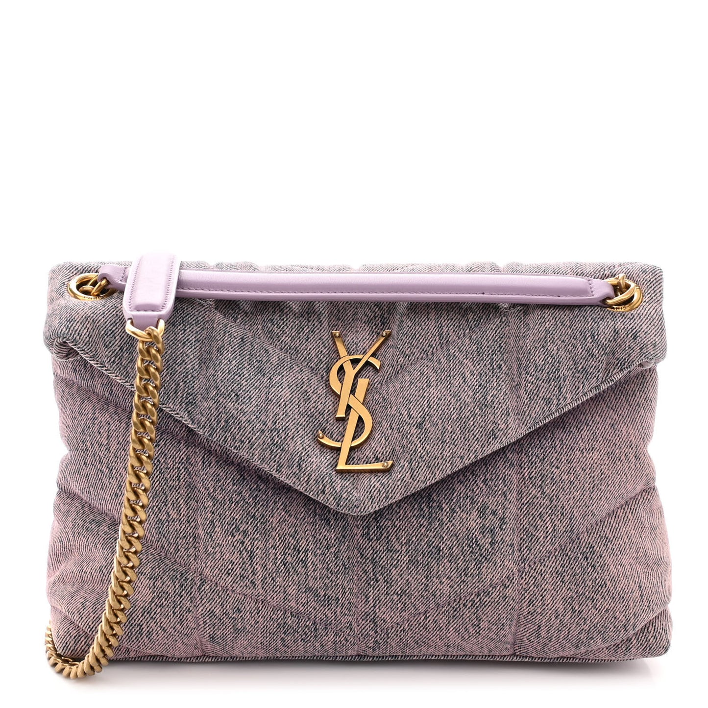 Denim Quilted Small Loulou Puffer Monogram Chain Satchel Bleached Lilac