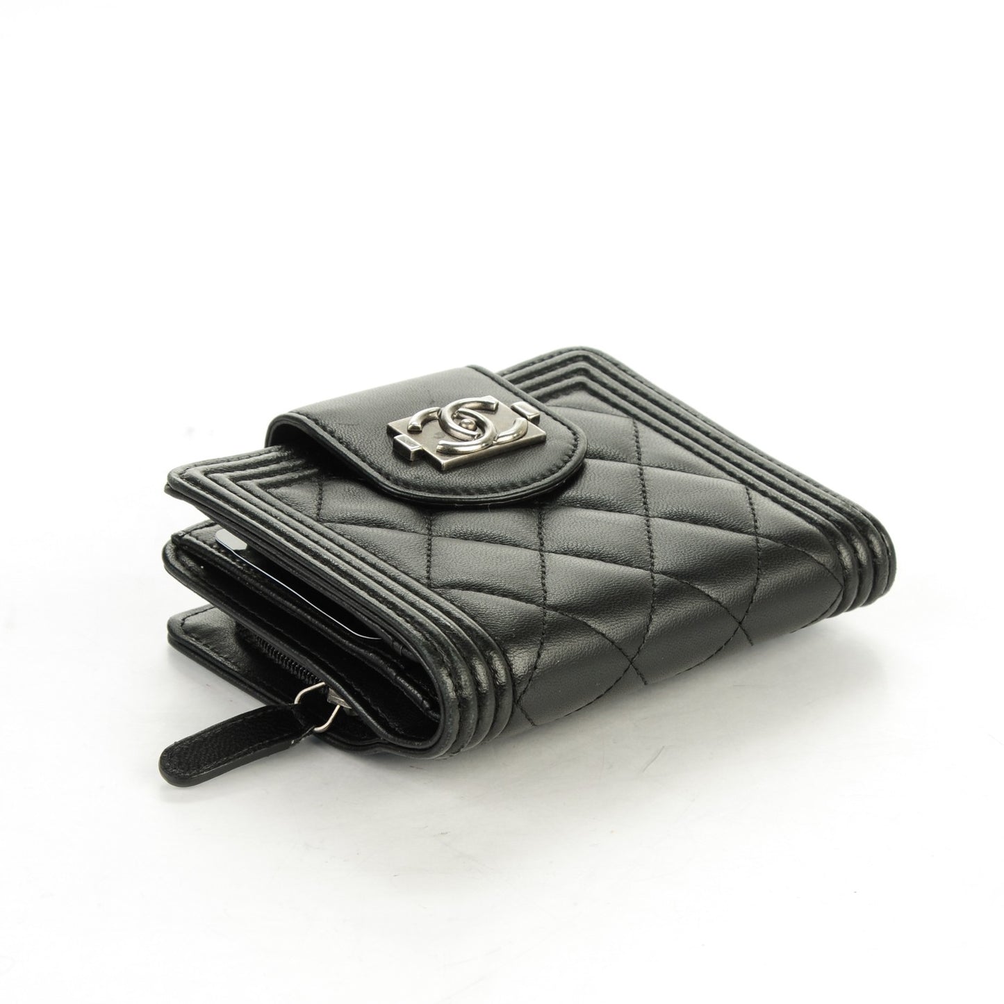 Lambskin Quilted Boy Zipped Pocket Wallet Black