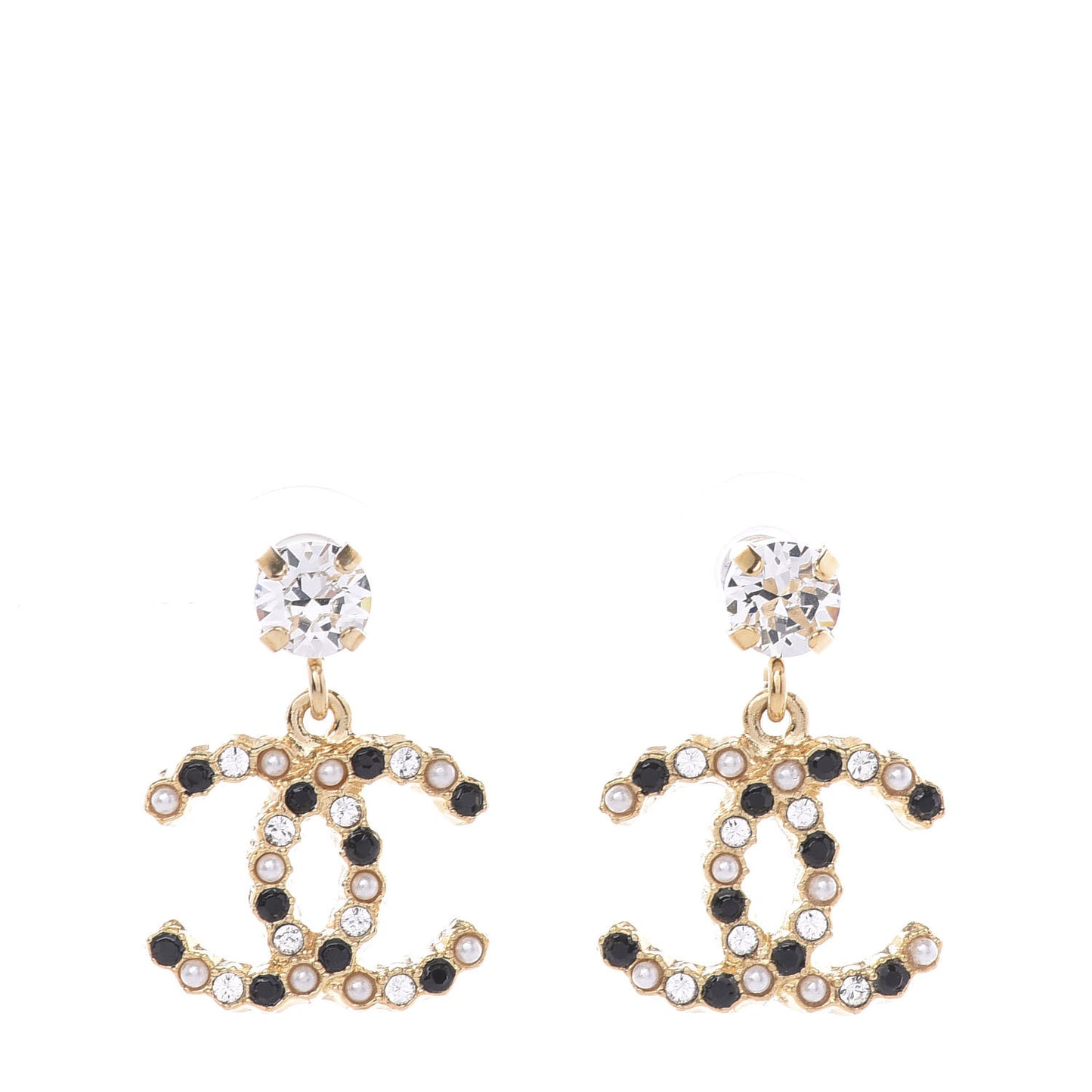 Resin Crystal Pearl CC Drop Earrings Gold Black