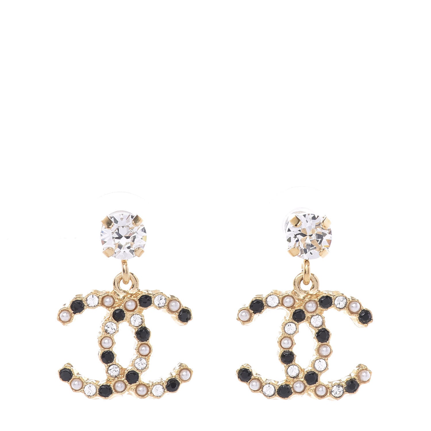 Chanel Resin Crystal Pearl CC Drop Earrings Gold Black 1 of 5