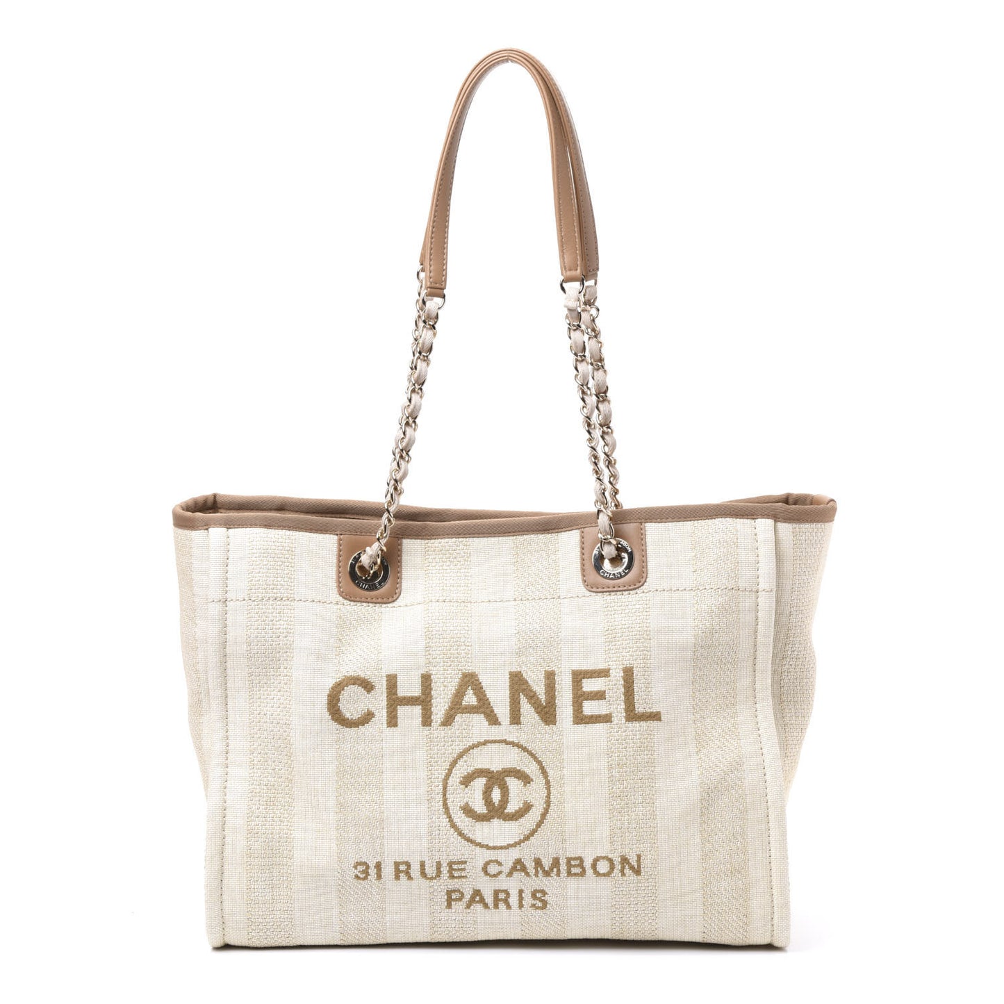 Mixed Fibers Calfskin Striped Small Deauville Tote Beige
