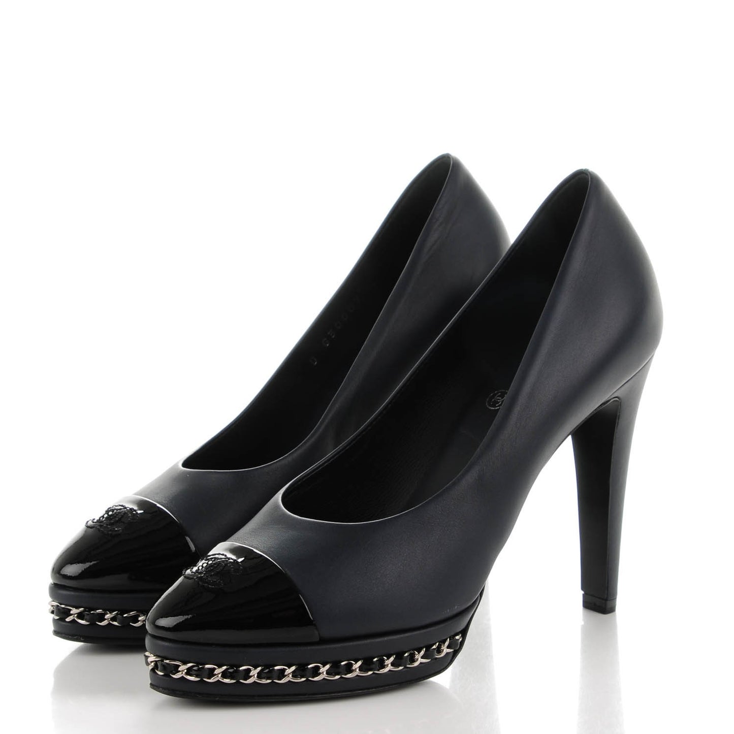 Calfskin Patent CC Cap Toe Platform Chain Pumps 36 Navy Black