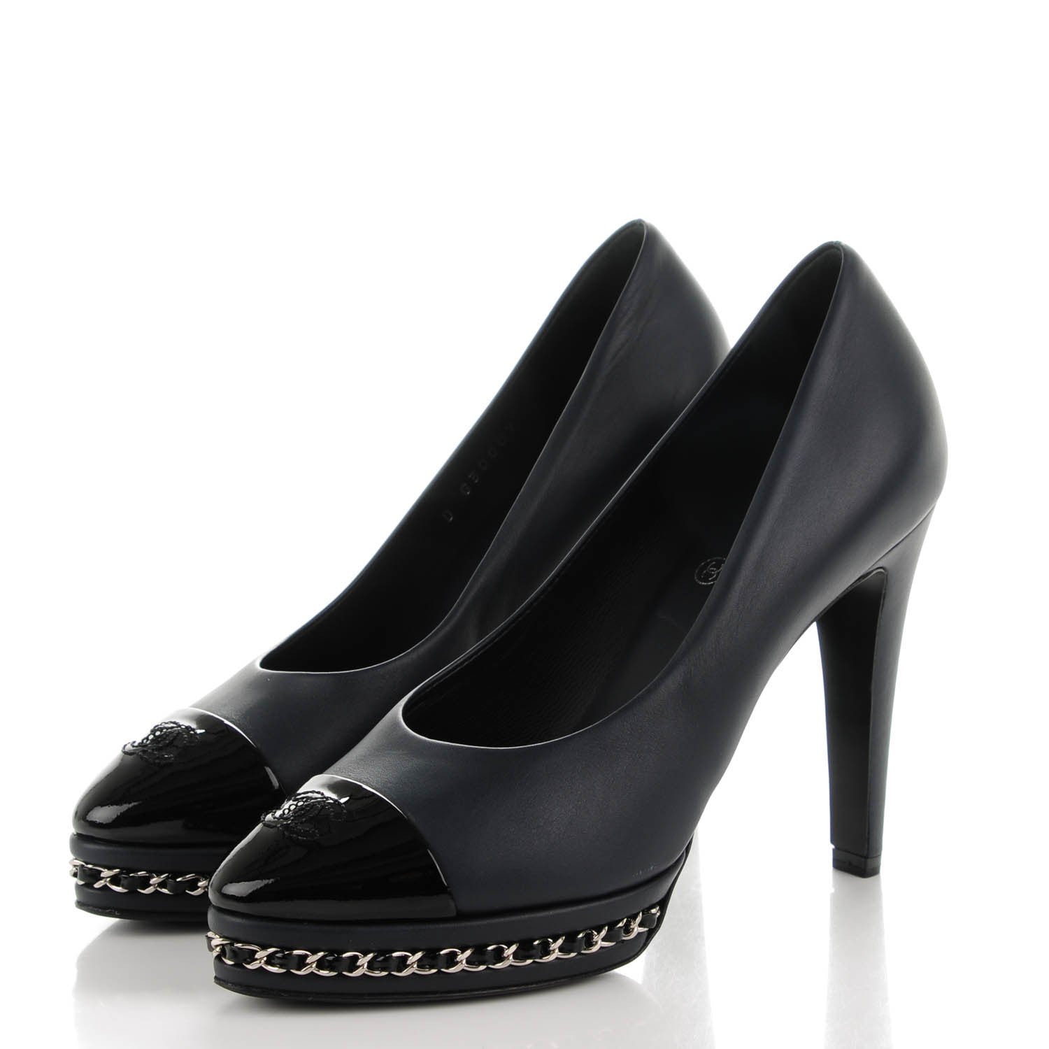 Chanel Calfskin Patent CC Cap Toe Platform Chain Pumps 36 Navy Black 3 of 9