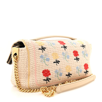 Fendi Cotton Vitello Seta Floral Woven Chain Baguette White Multicolor 3 of 11