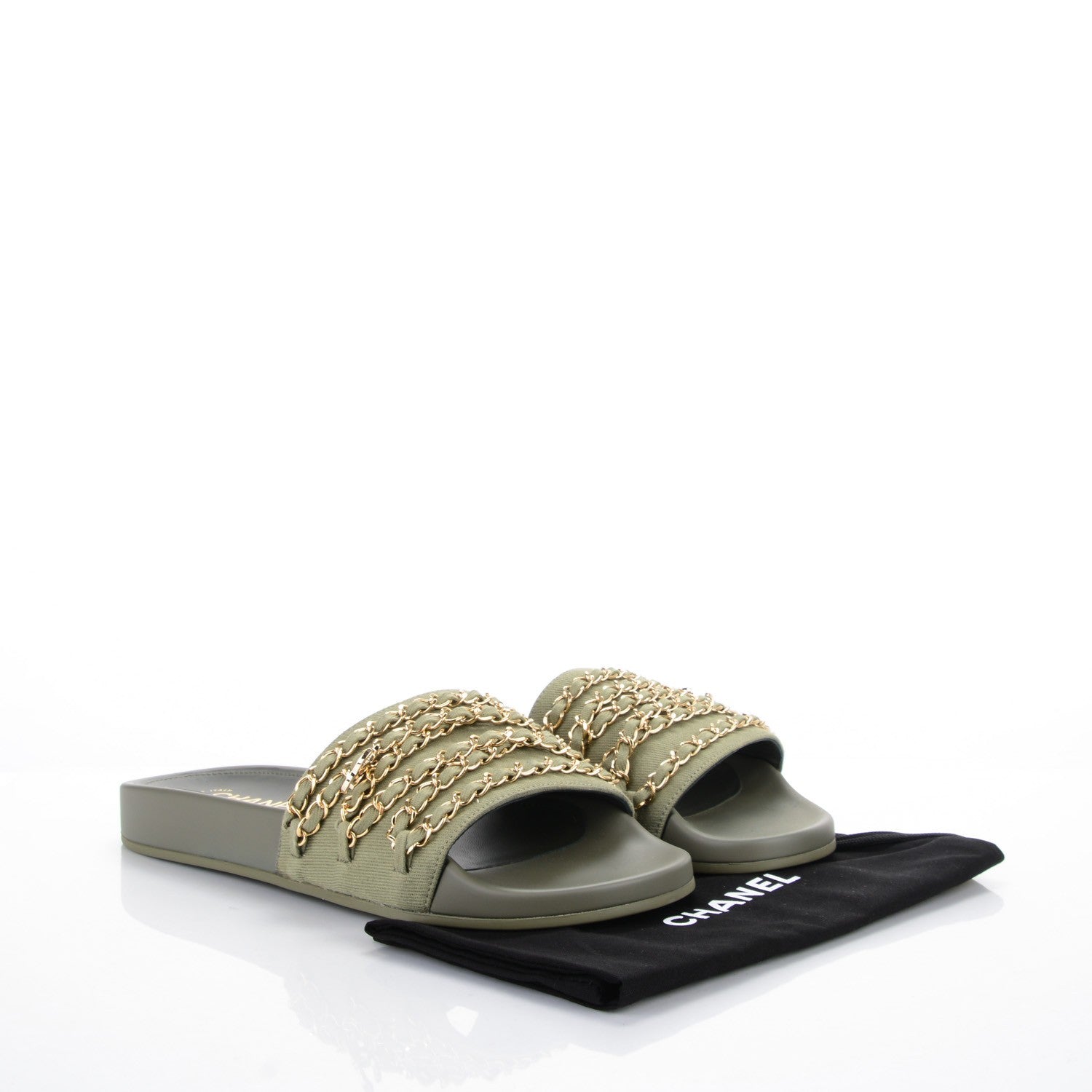 Chanel Lambskin Canvas Chain Flat Sandals 40 Khaki 9 of 9