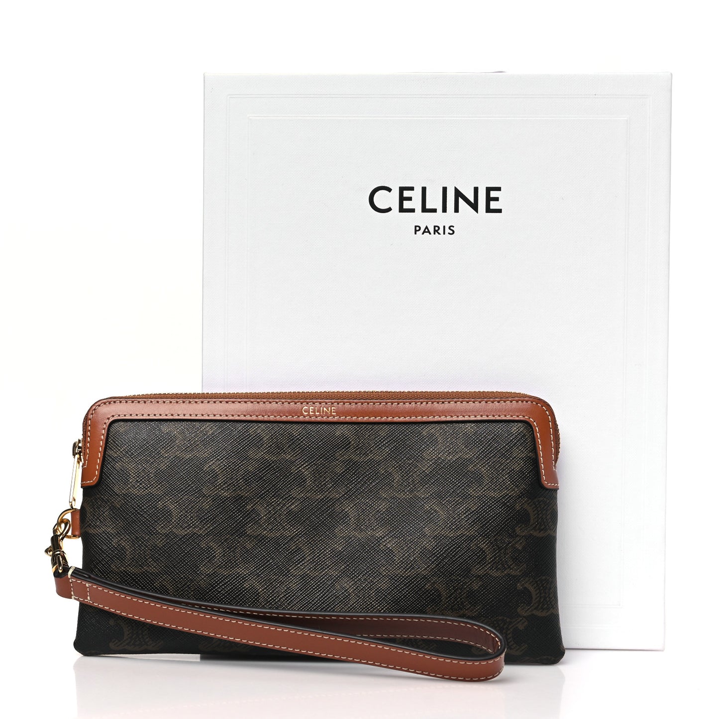 Triomphe Calfskin Long Pouch With Strap Tan