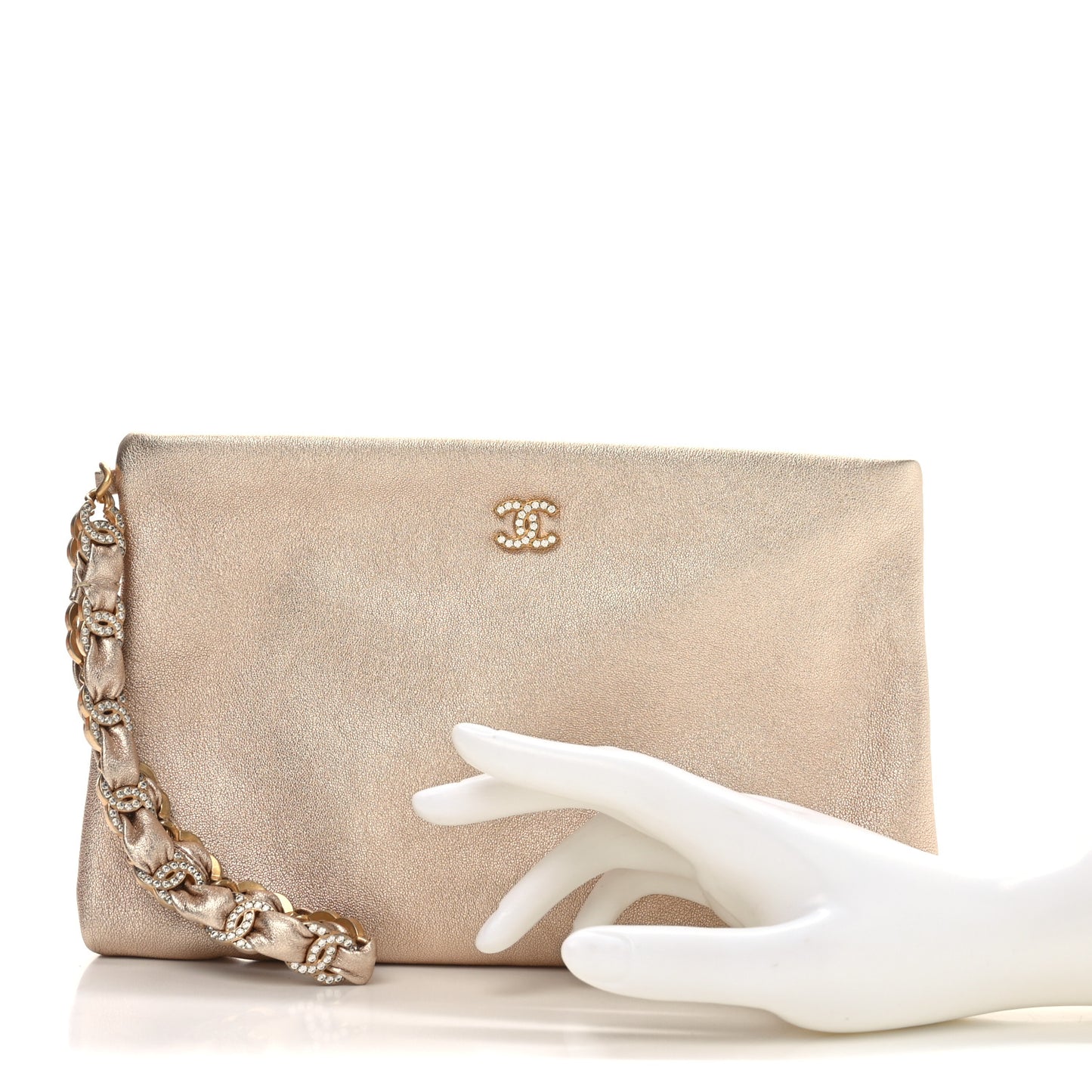 Metallic Lambskin Crystal Medium CC Pouch With Handle Gold