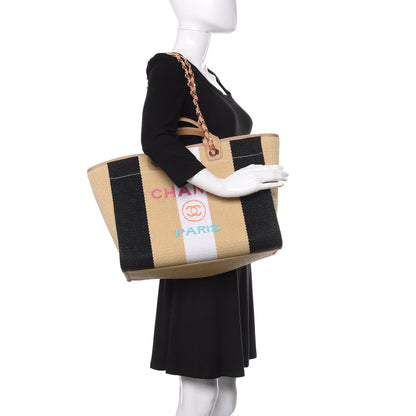 Chanel Straw Raffia Calfskin Striped Medium Deauville Tote Black Beige Ivory 2 of 11