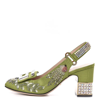 Gucci Moire Fabric Eyes Crystal Square G Madelyn Slingbacks 37.5 Lemon Leaf 1 of 11