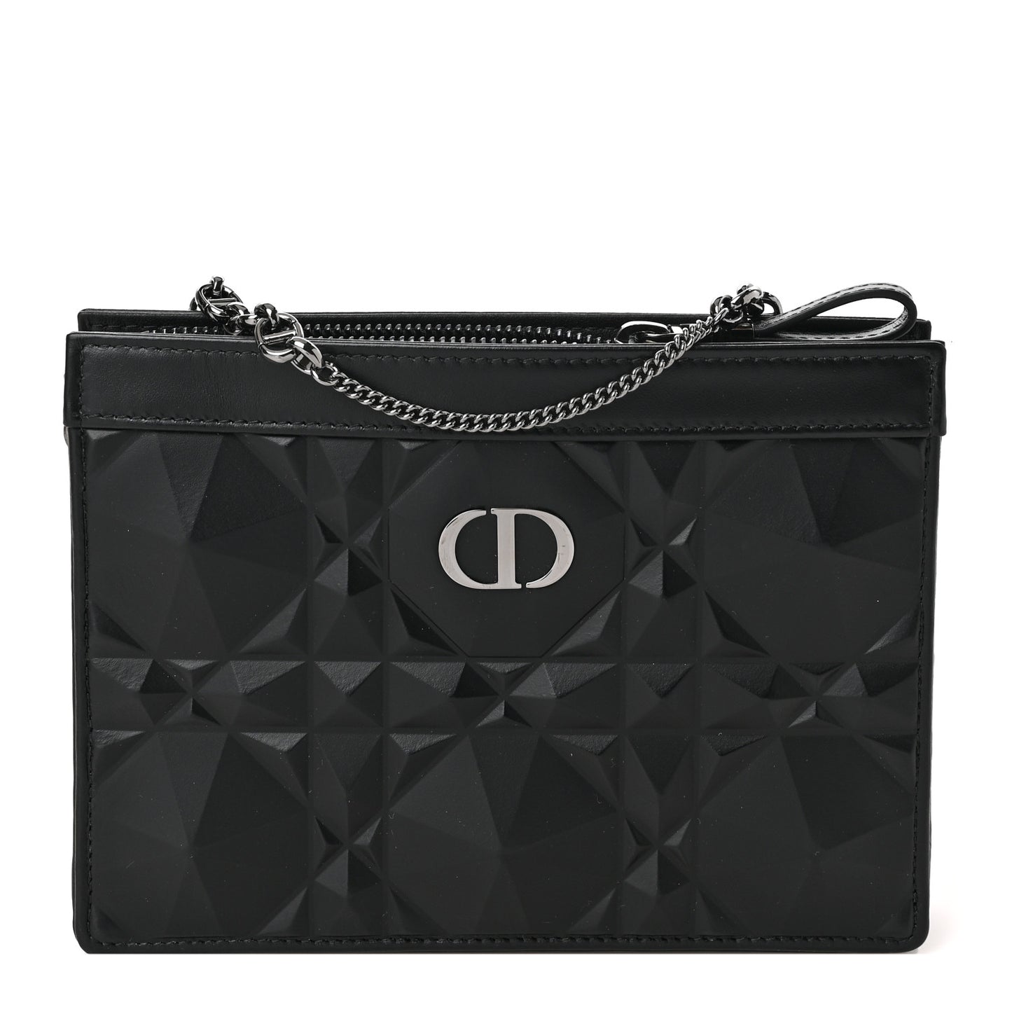 Calfskin Macrocannage Diamond Caro Zipped Pouch With Chain Black