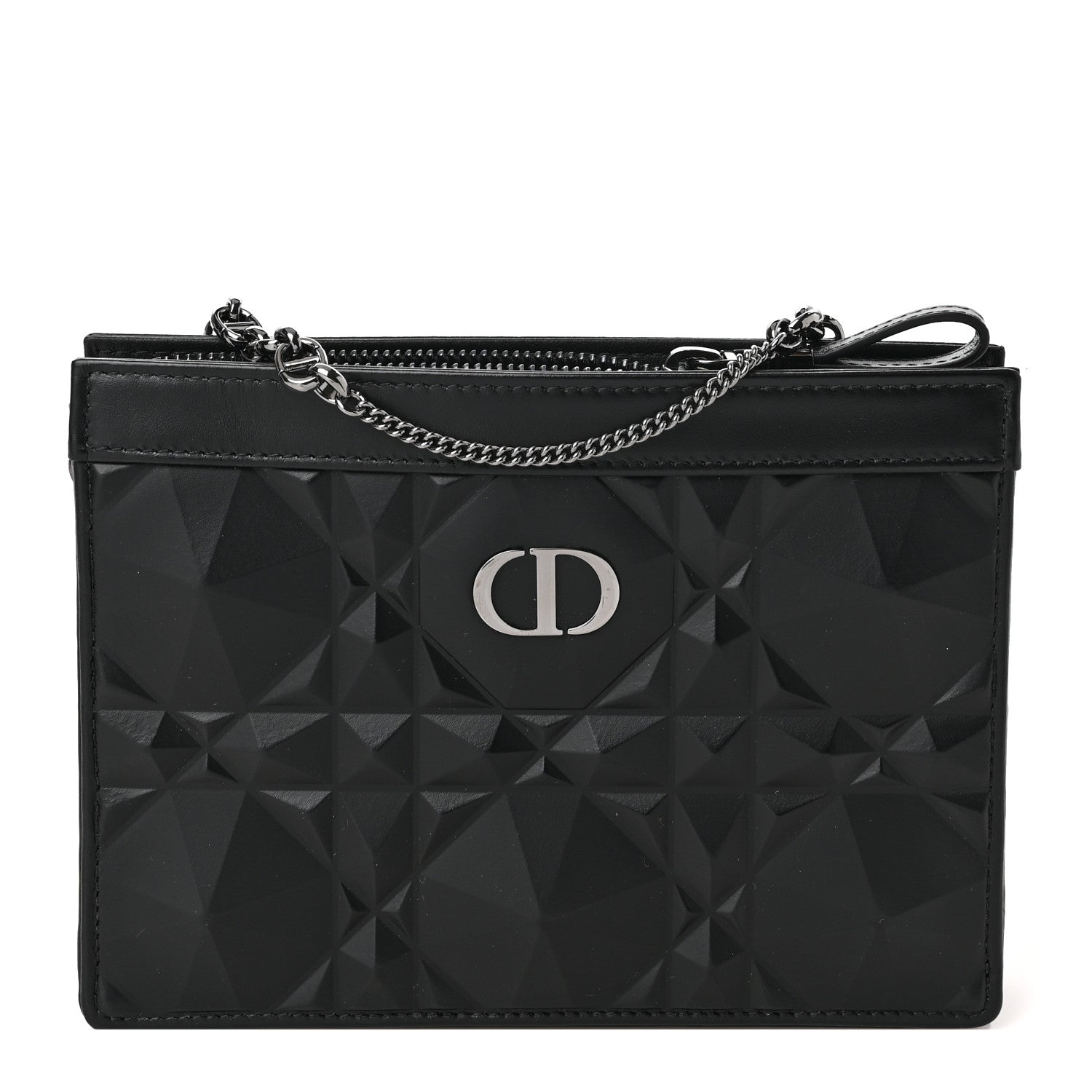 Christian Dior Calfskin Macrocannage Diamond Caro Zipped Pouch With Chain Black 1 of 8