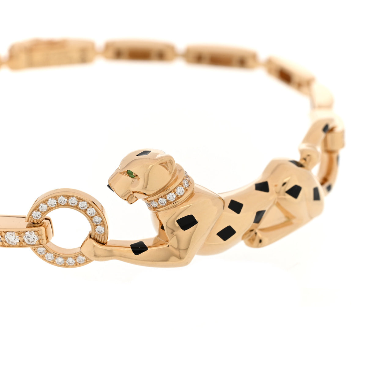 18K Yellow Gold Diamond Tsavorite Black Lacquer .26ctw Panthere De Cartier Chain Bracelet