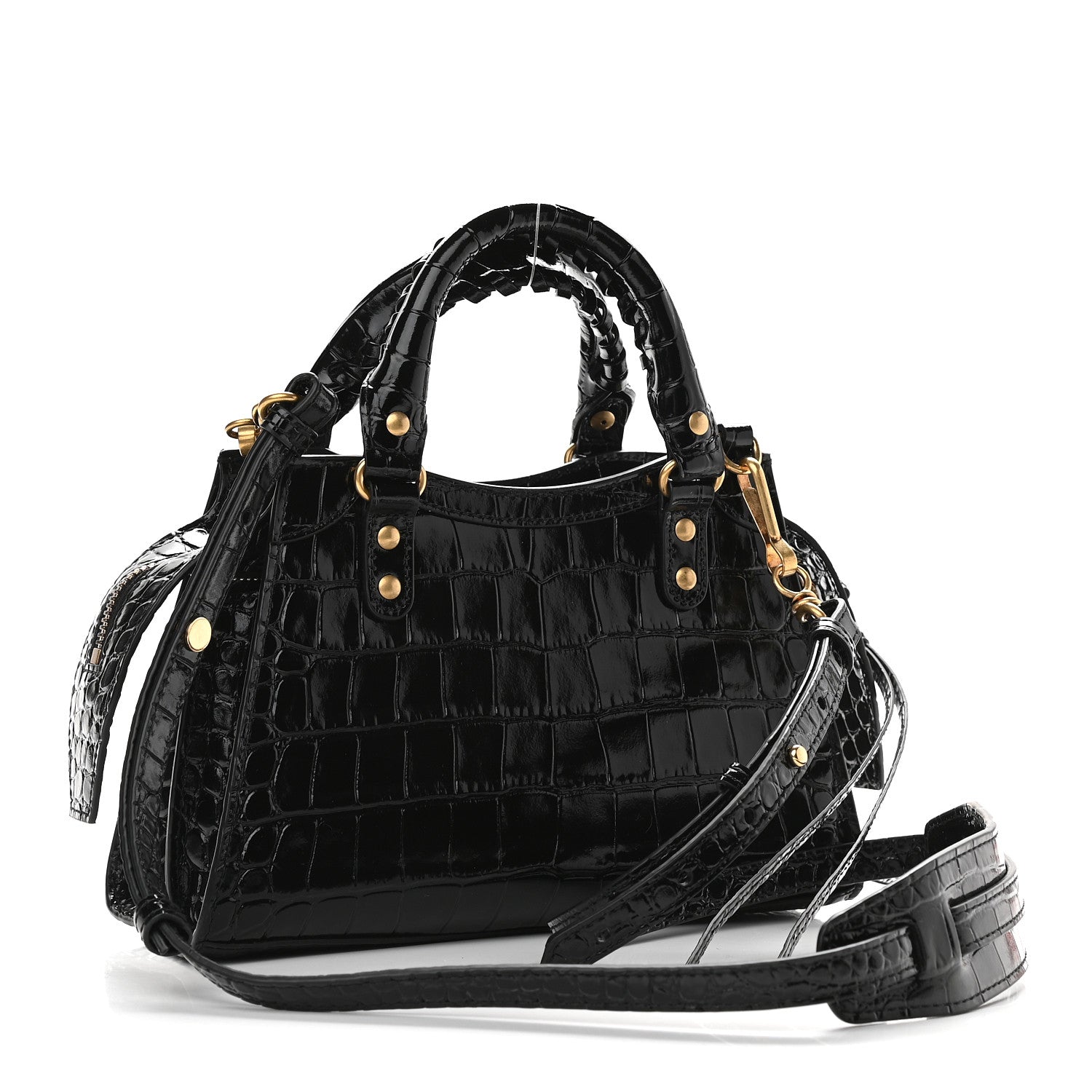 Balenciaga Shiny Supple Calfskin Crocodile Embossed Neo Classic Gold Hardware Mini City Black 3 of 8