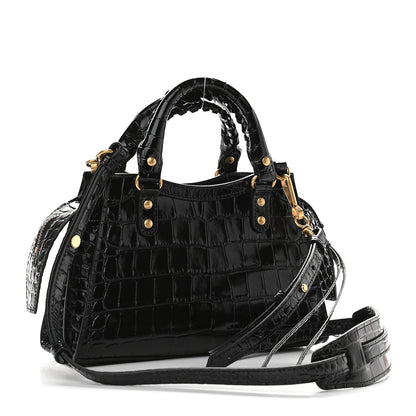 Balenciaga Shiny Supple Calfskin Crocodile Embossed Neo Classic Gold Hardware Mini City Black 3 of 8