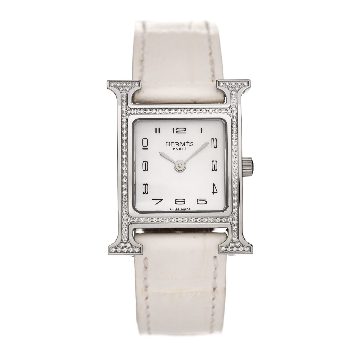 Stainless Steel Alligator Diamond Bezel Mother of Pearl 21mm Heure H Hour Quartz Watch Blanc