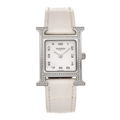 Hermes Stainless Steel Alligator Diamond Bezel Mother of Pearl 21mm Heure H Hour Quartz Watch Blanc 1 of 5