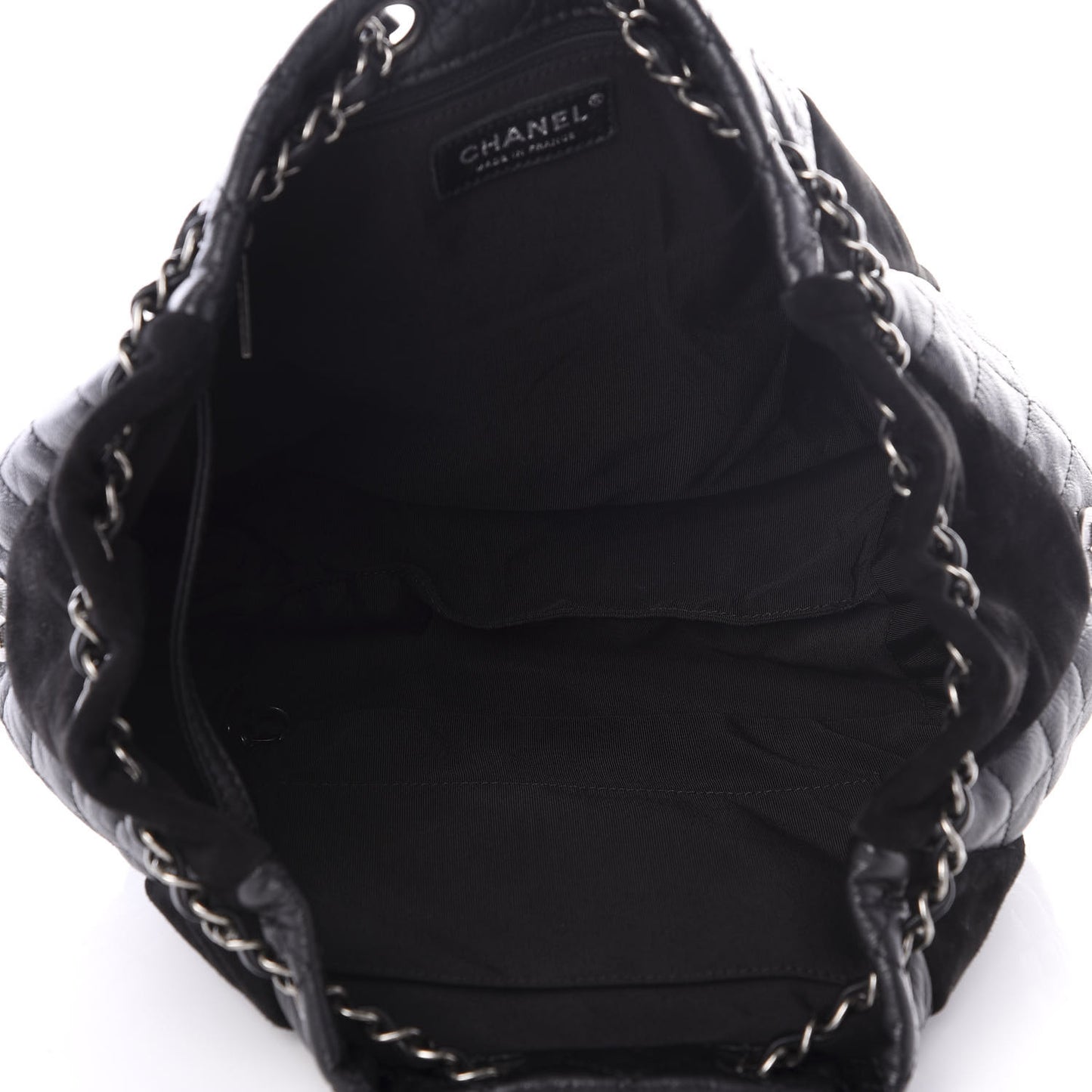 Goatskin Suede Calfskin Quilted Patchwork Drawstring Bag Black