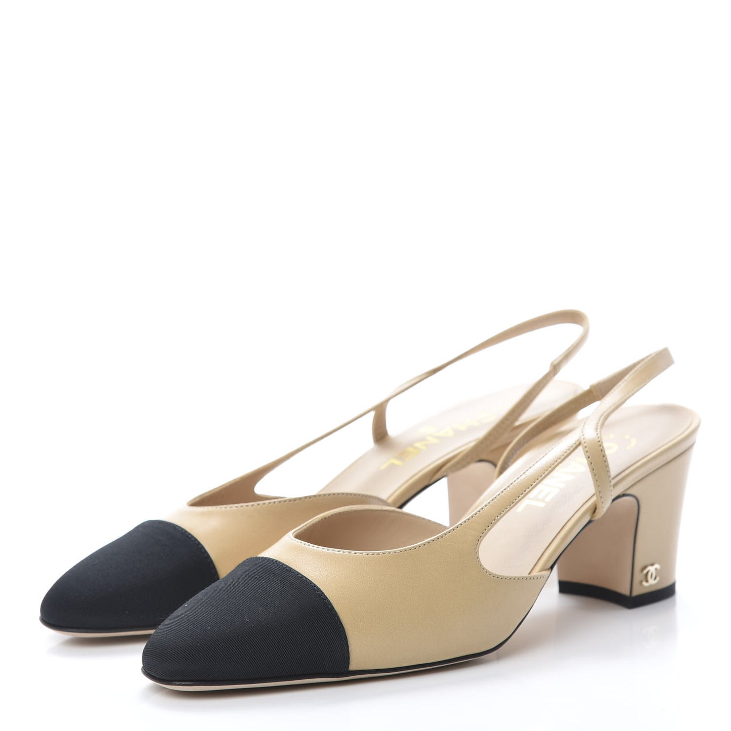 Goatskin Grosgrain Cap Toe CC Slingback Pumps 39.5 Beige Black