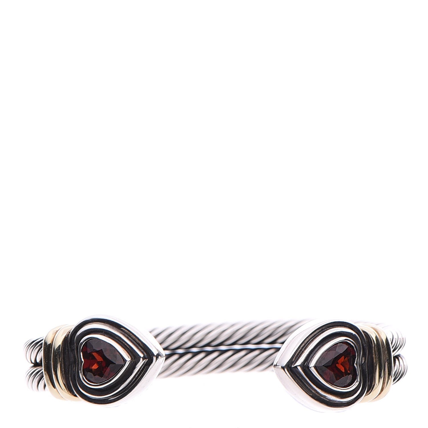 David Yurman Sterling Silver 14K Yellow Gold Garnet Heart Double Cable Cuff Bracelet 1 of 11