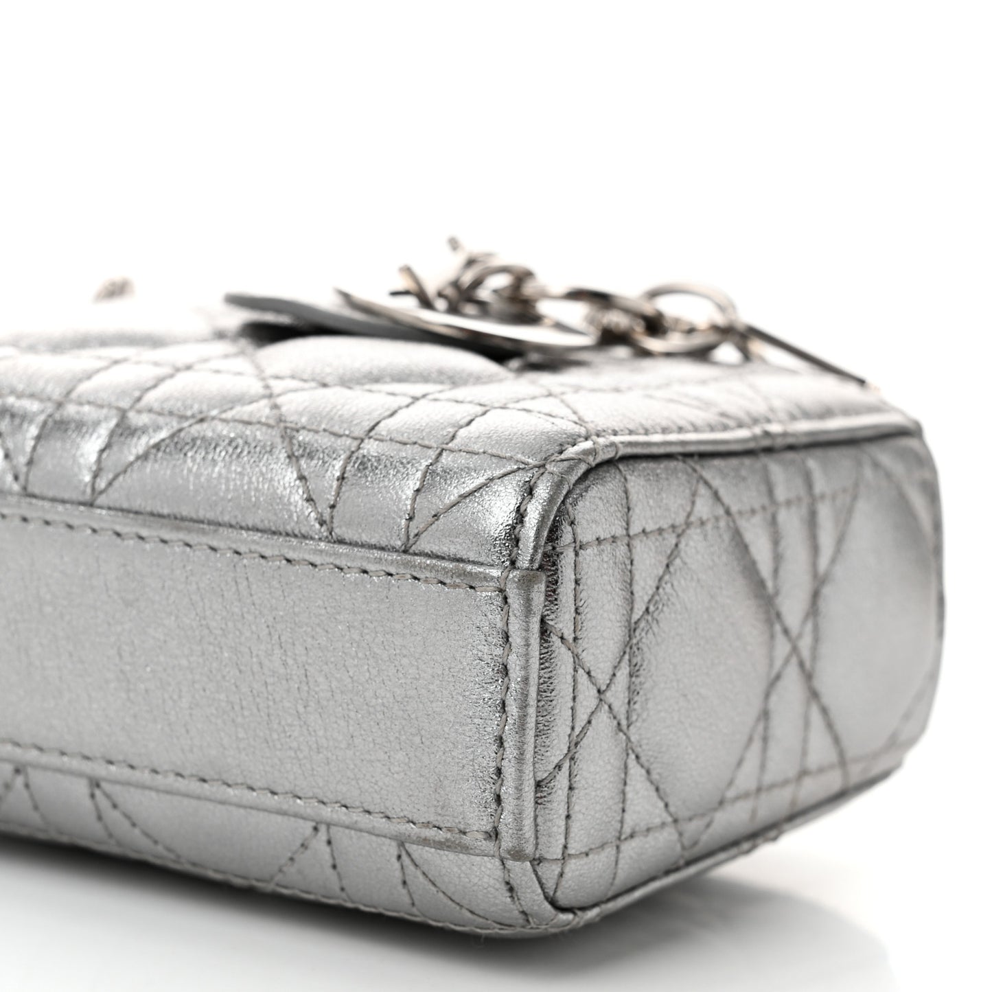 Metallic Lambskin Cannage Micro Lady D-Joy Silver