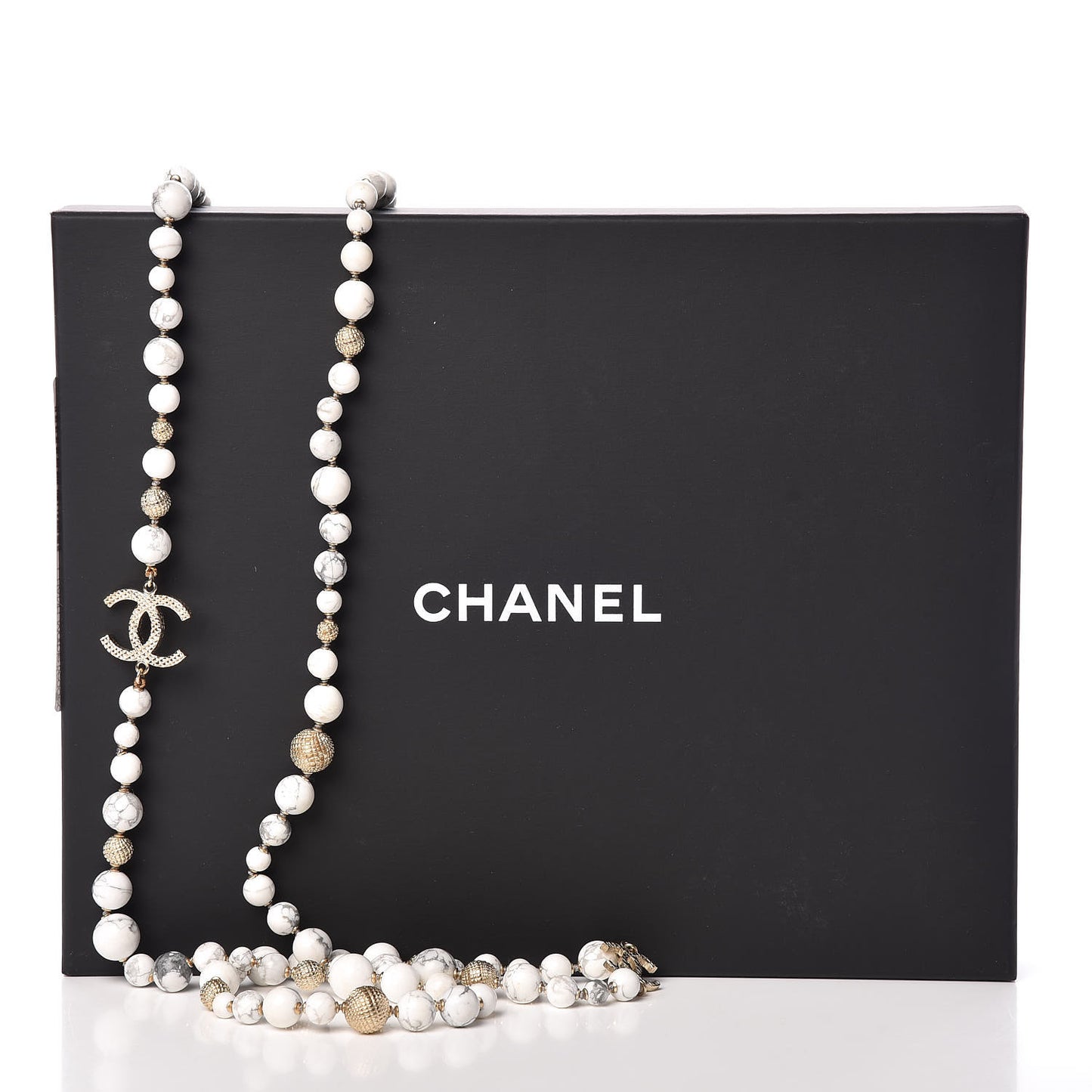 Marble Beaded CC Long Necklace Gold White