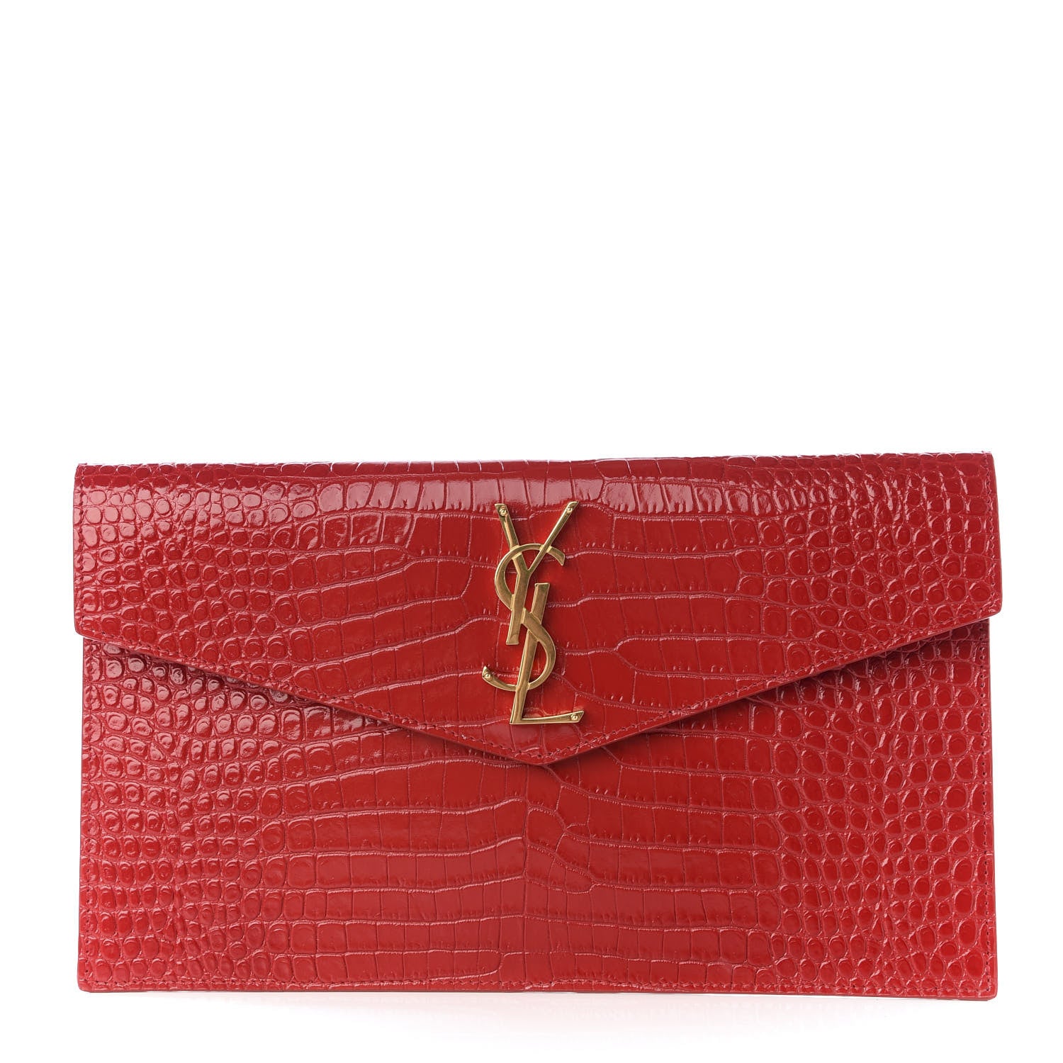 Saint Laurent Calfskin Crocodile Embossed Uptown Monogram Clutch Rouge Eros 1 of 7
