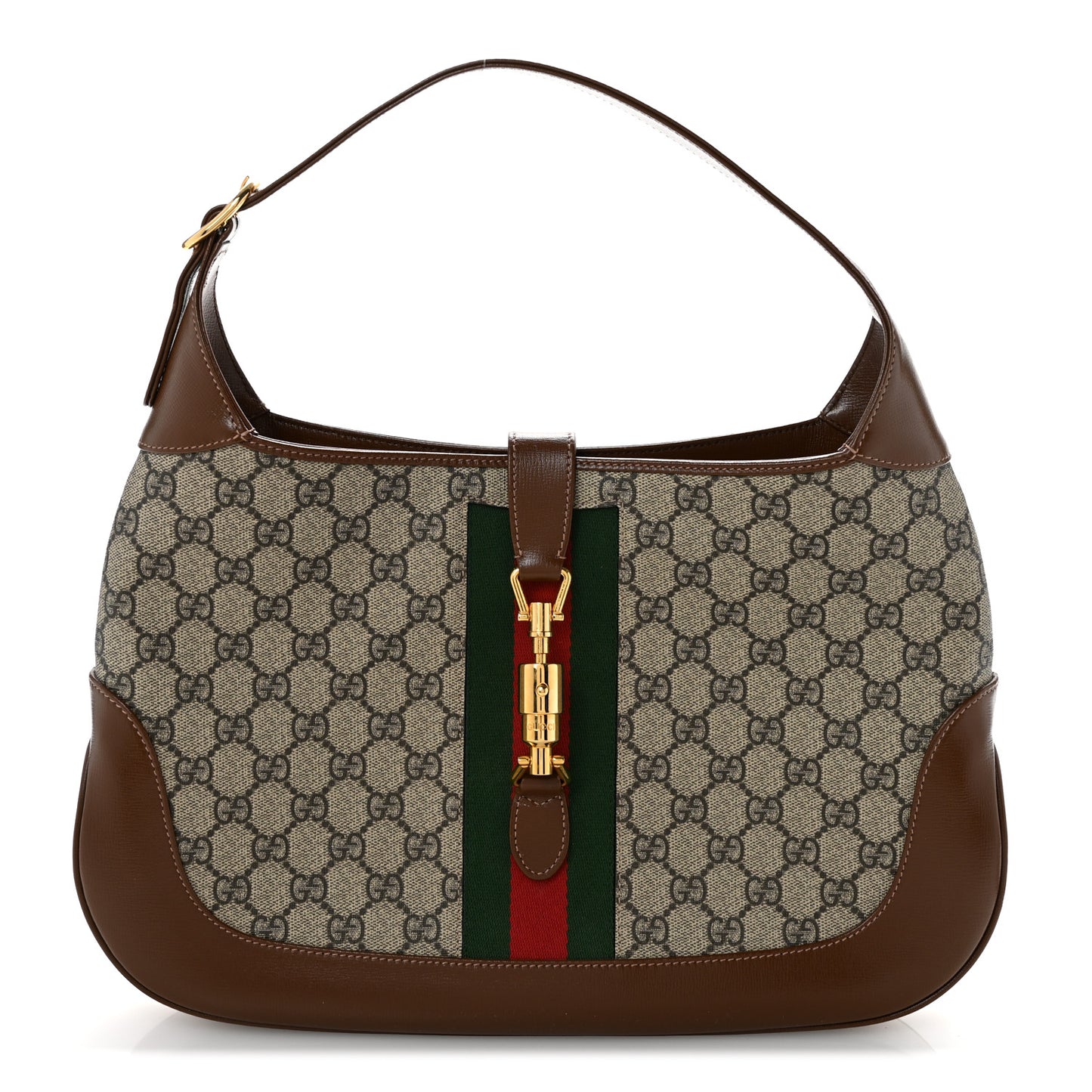 GG Supreme Monogram Azalea Calfskin Web Medium Jackie 1961 Hobo Beige Ebony Brown Sugar