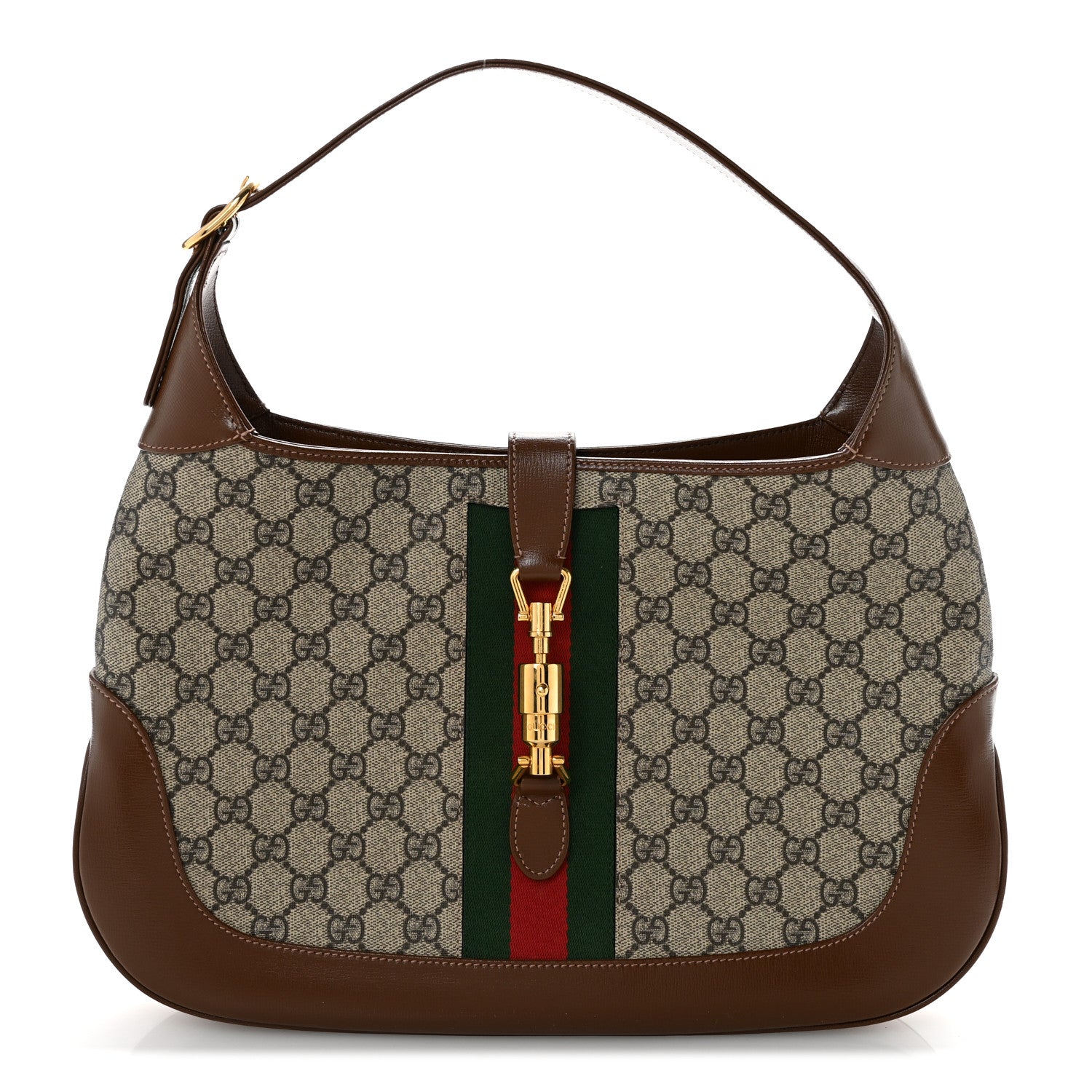 Gucci GG Supreme Monogram Azalea Calfskin Web Medium Jackie 1961 Hobo Beige Ebony Brown Sugar 1 of 14