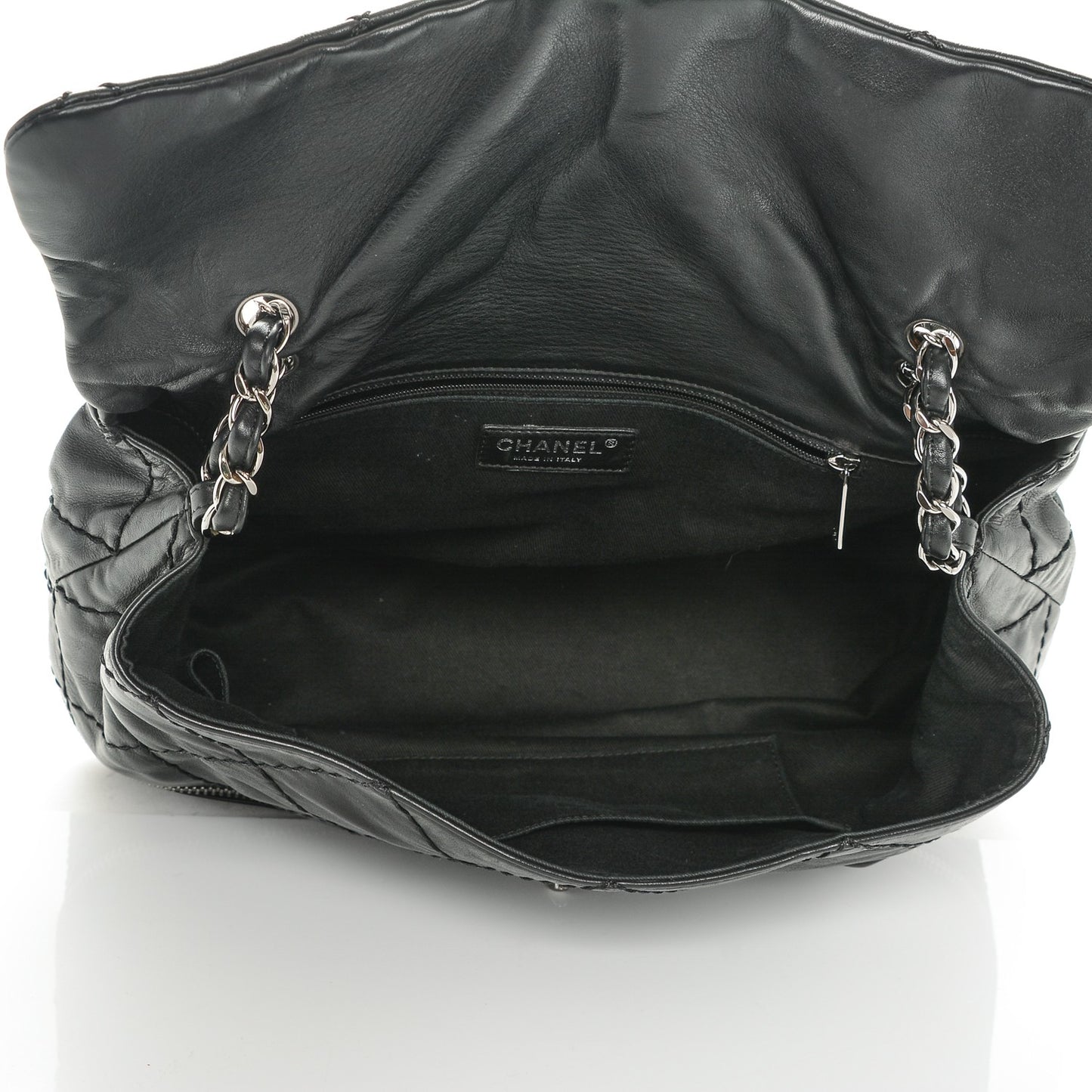 Calfskin Stitched Large Expandable Flap Black