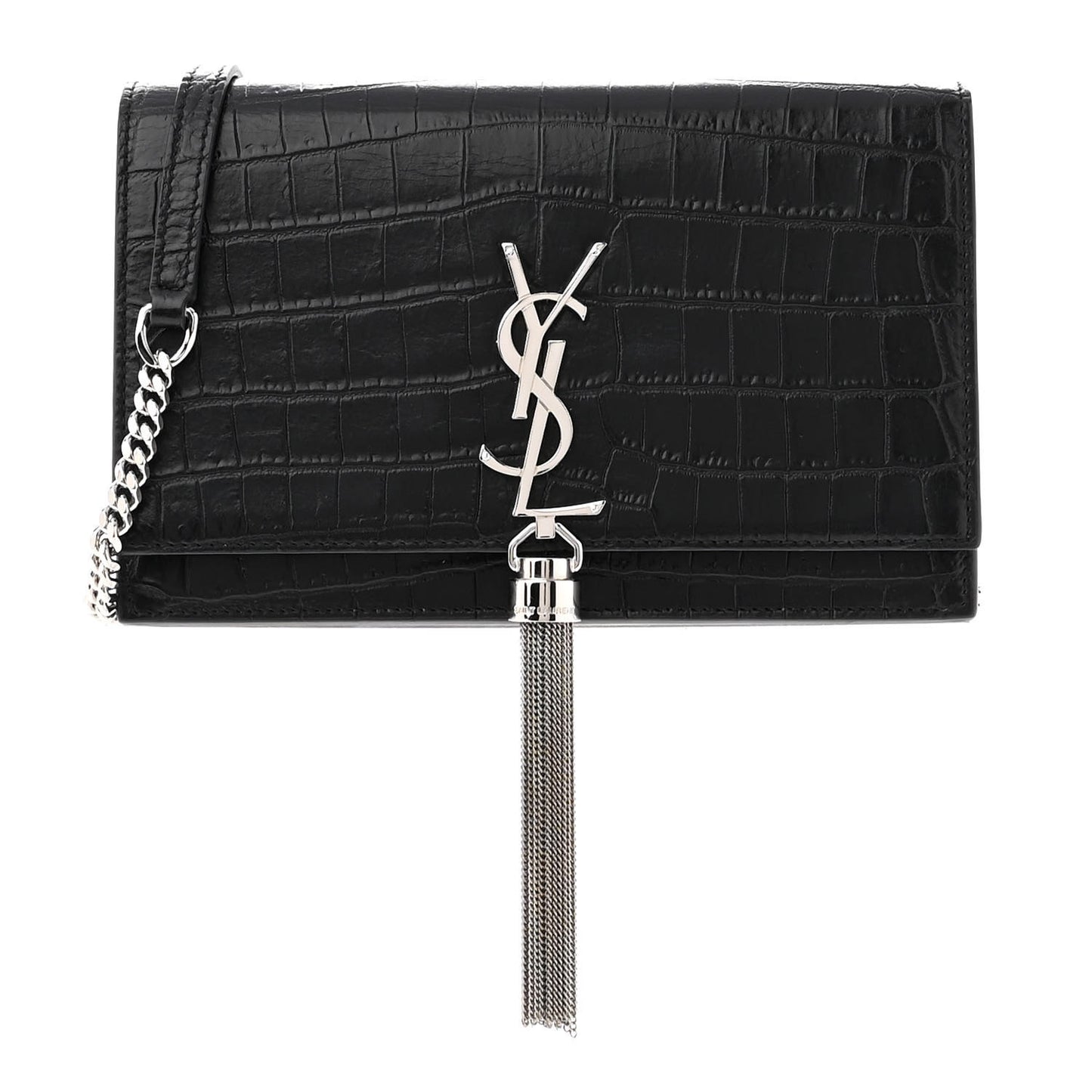 Calfskin Crocodile Embossed Kate Monogram Tassel Chain Wallet Black