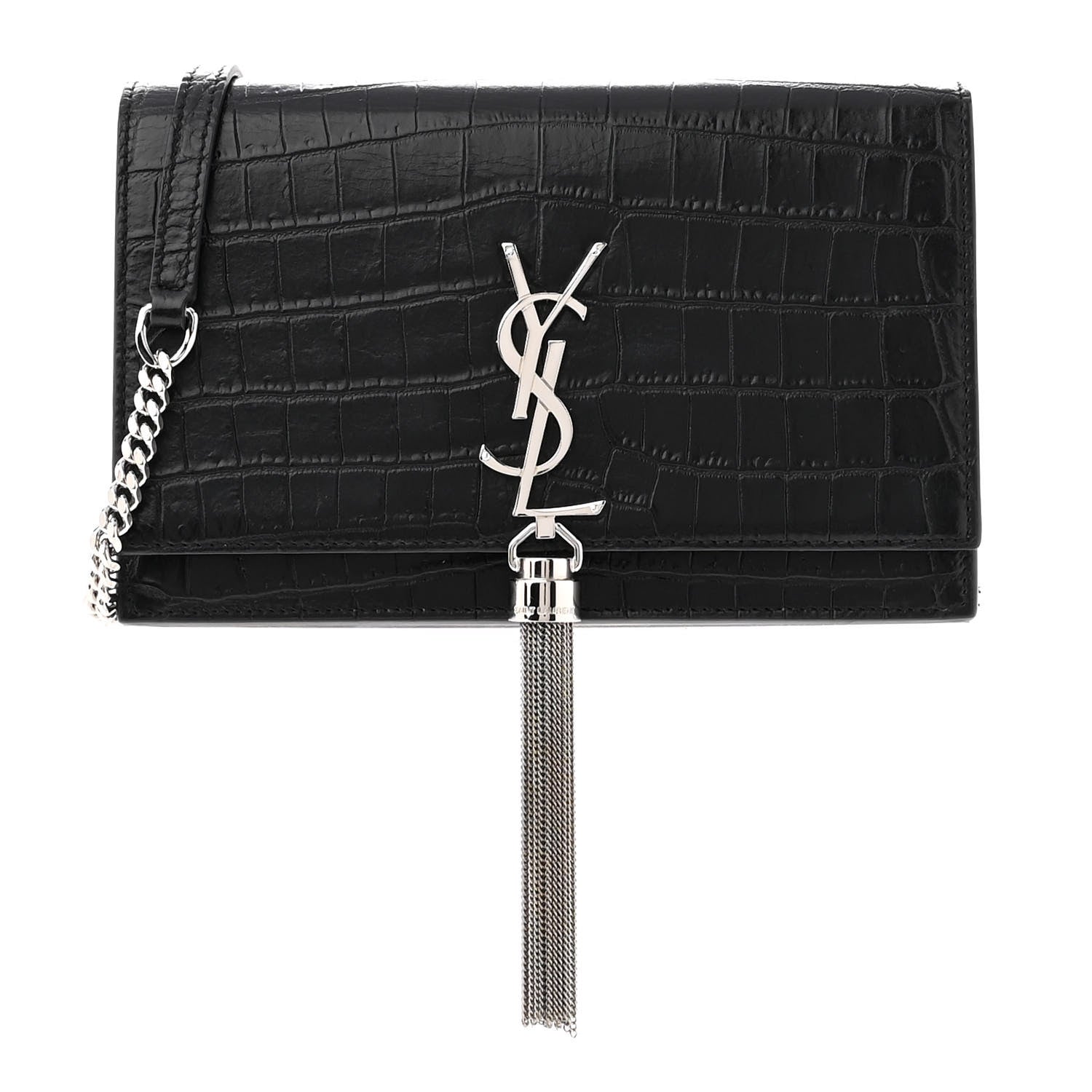 Saint Laurent Calfskin Crocodile Embossed Kate Monogram Tassel Chain Wallet Black 1 of 11