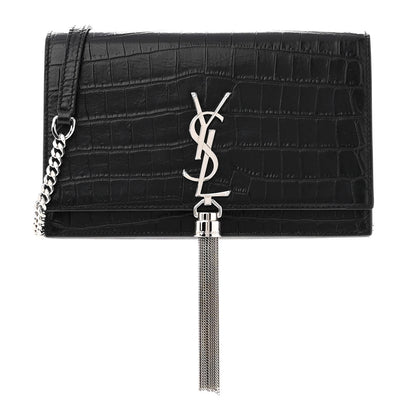 Saint Laurent Calfskin Crocodile Embossed Kate Monogram Tassel Chain Wallet Black 1 of 11
