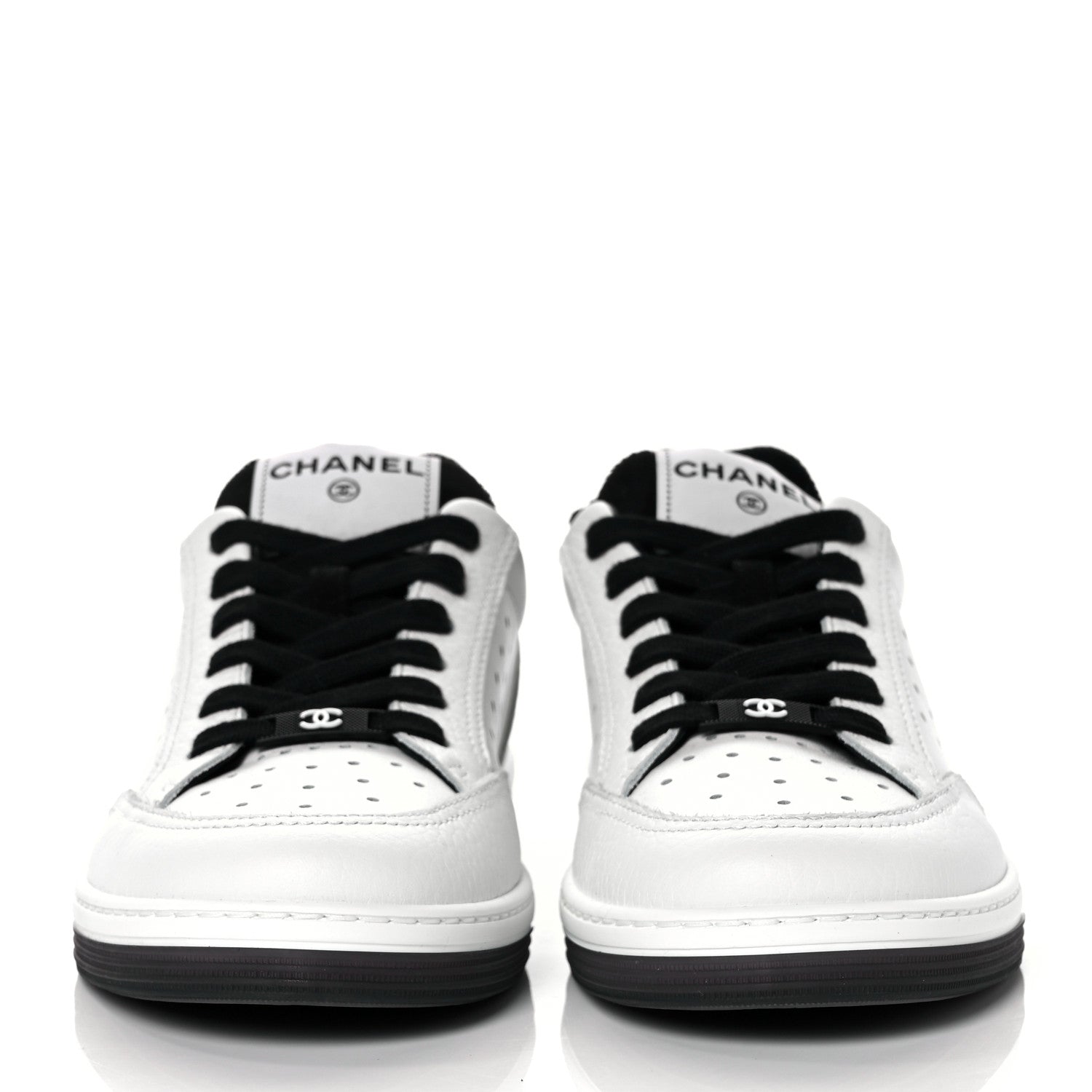 Chanel Grained Calfskin Fabric Womens Logo Sneakers 39.5 White Black 2 of 8