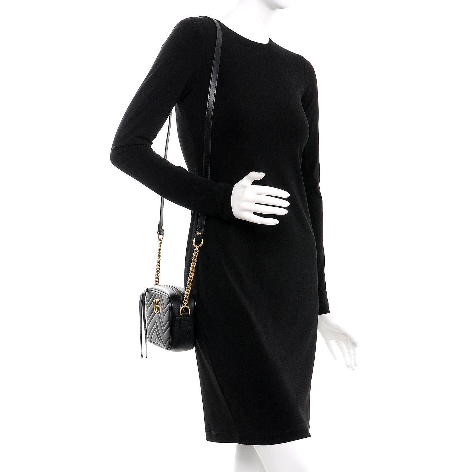 Gucci Calfskin Matelasse Mini GG Marmont Chain Shoulder Bag Black 2 of 7