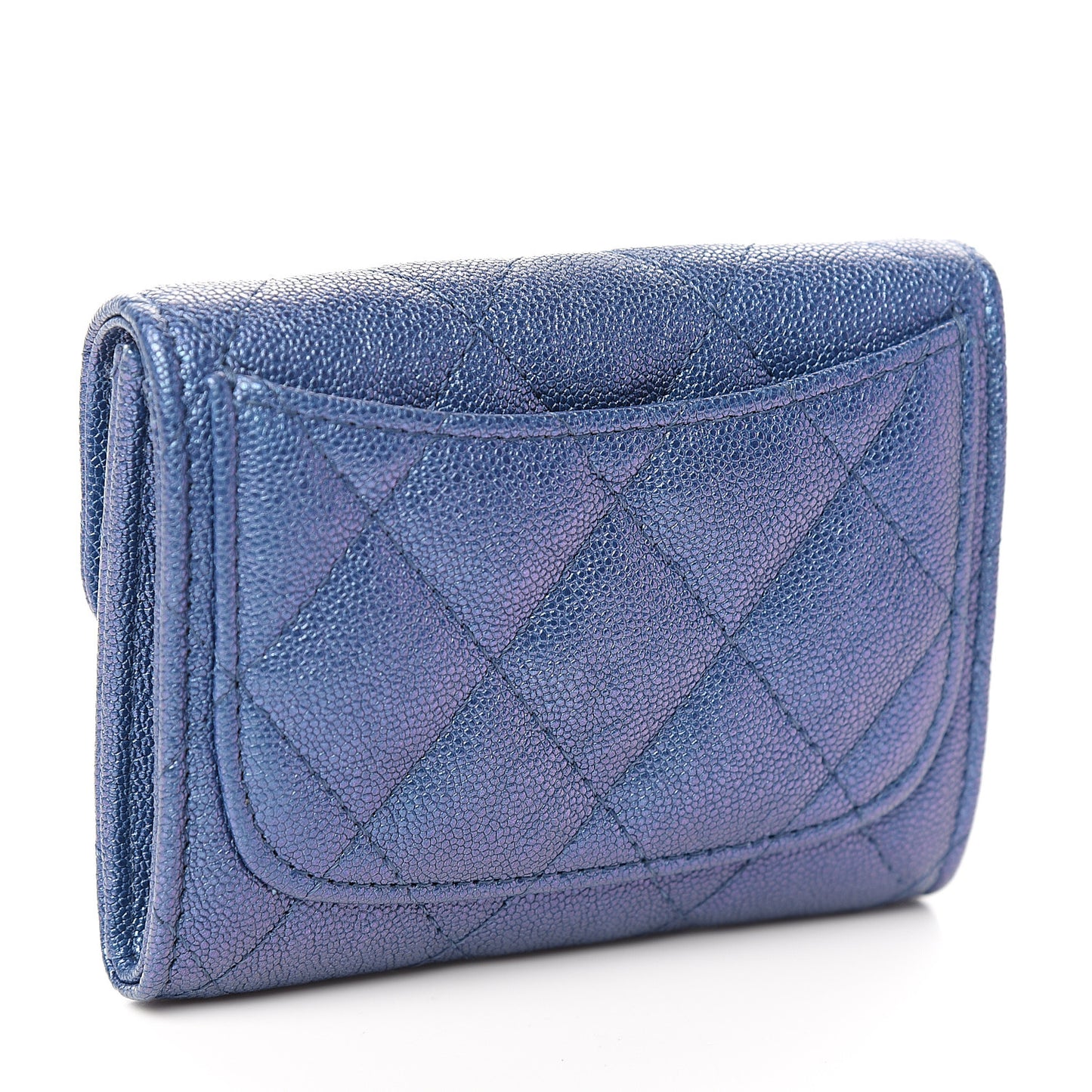 Iridescent Caviar Quilted Flap Card Holder Wallet Dark Blue
