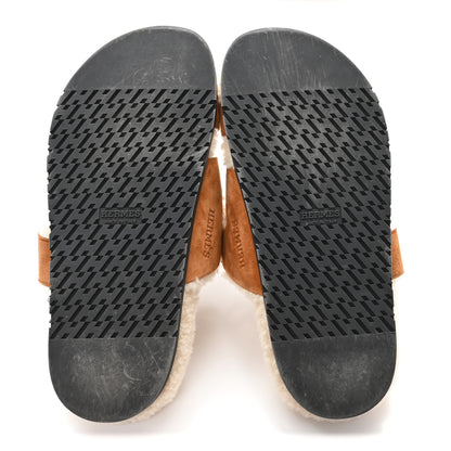 Hermes Suede Goatskin Woolskin Womens Chypre Sandals 38 Brun Fume Ecru 6 of 8