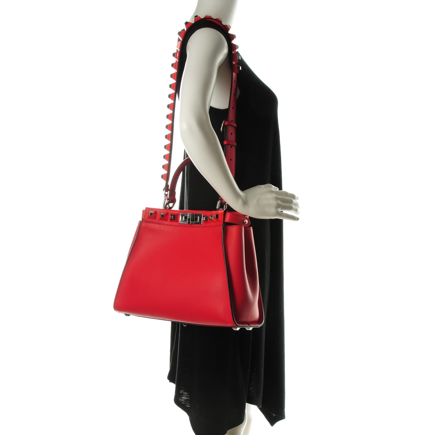Fendi Vitello Seta Studded Medium Peekaboo Iconic Satchel Fiamma 2 of 7
