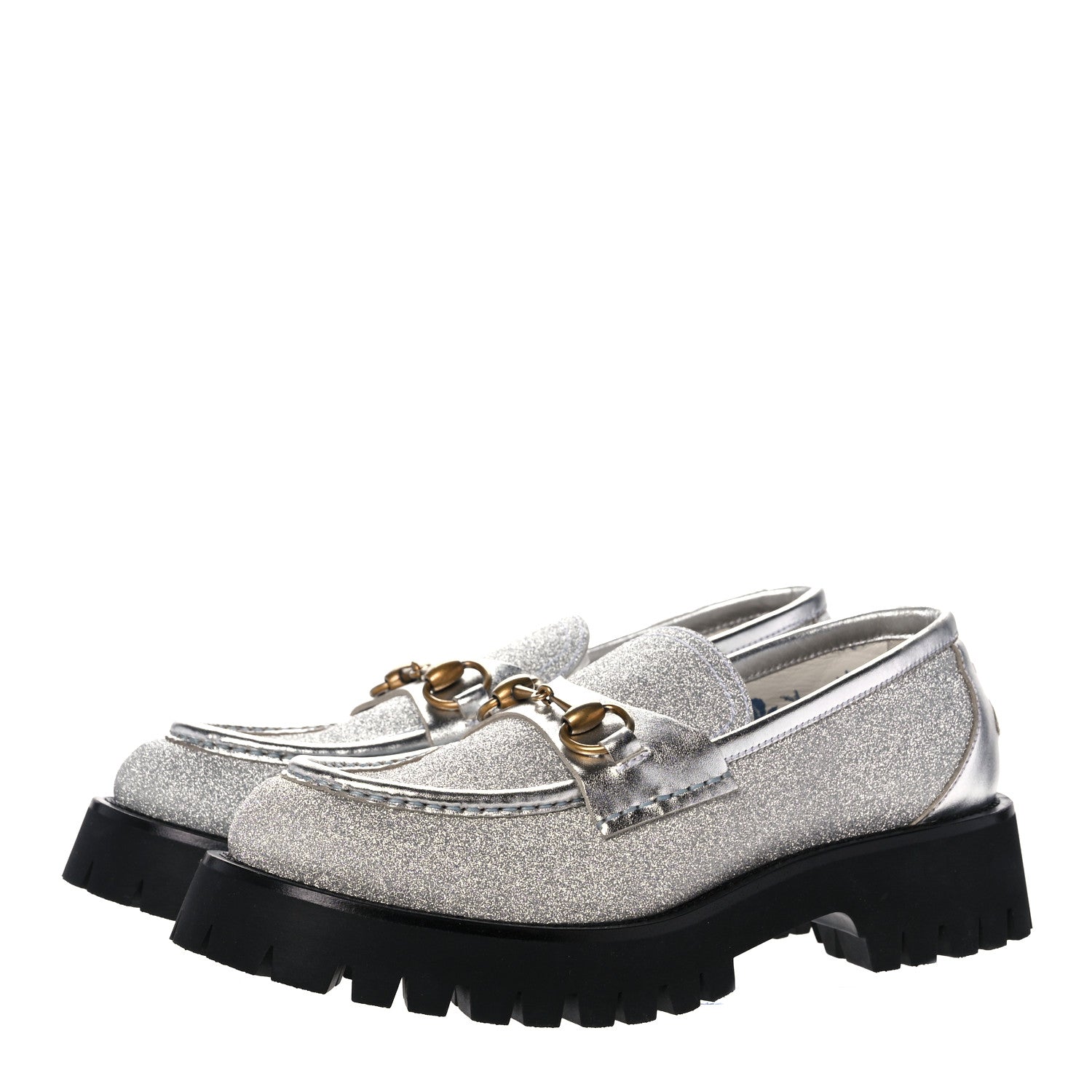 Gucci Mini Diamond Storm Silk Calfskin Womens Harald Horsebit 25mm Platform Loafers 40 Silver 3 of 10