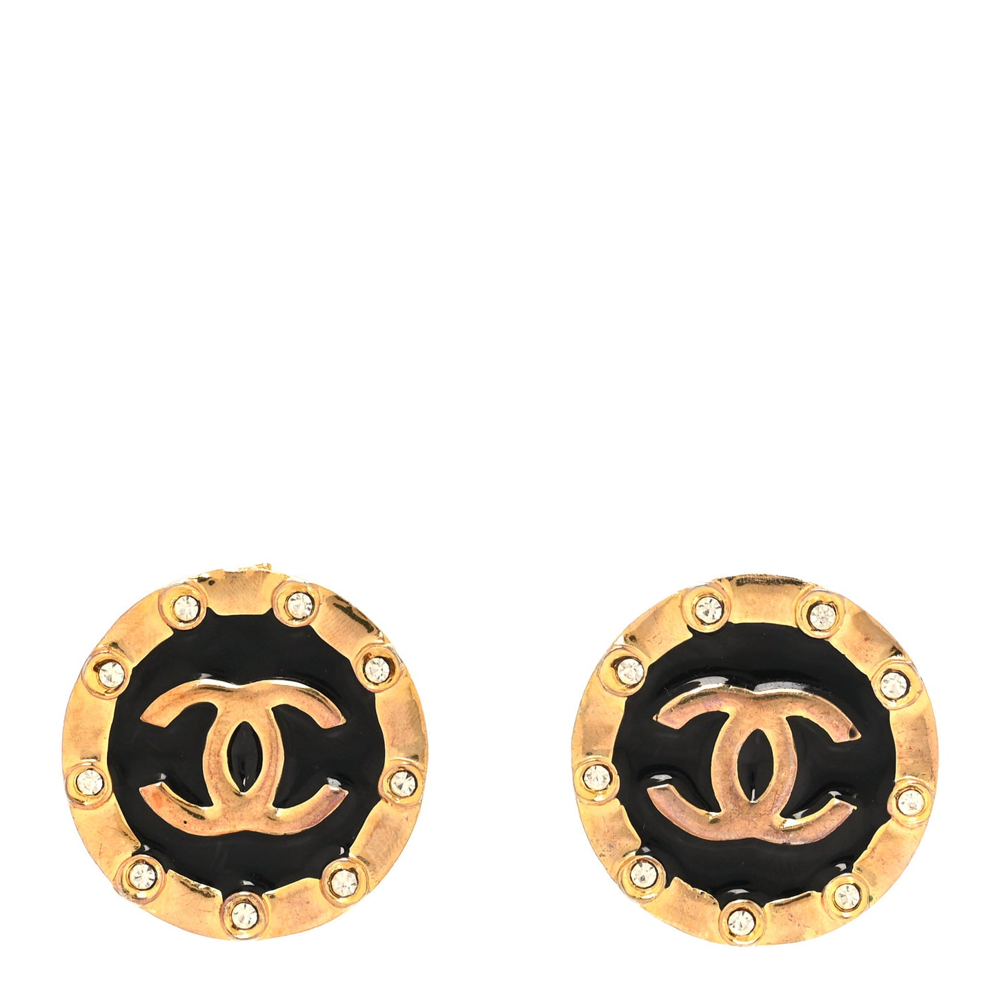 Crystal CC Round Clip On Earrings Black Gold