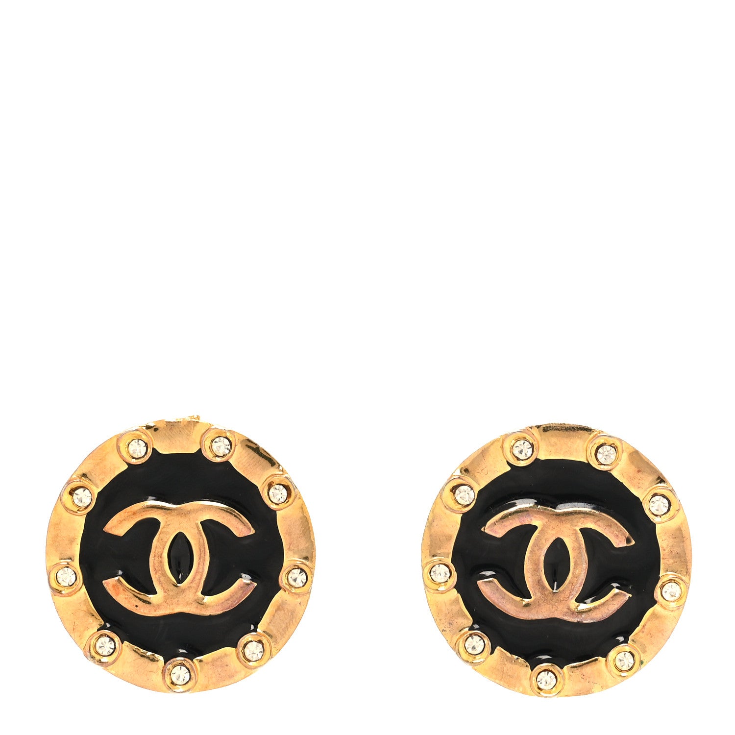 Chanel Crystal CC Round Clip On Earrings Black Gold 1 of 4
