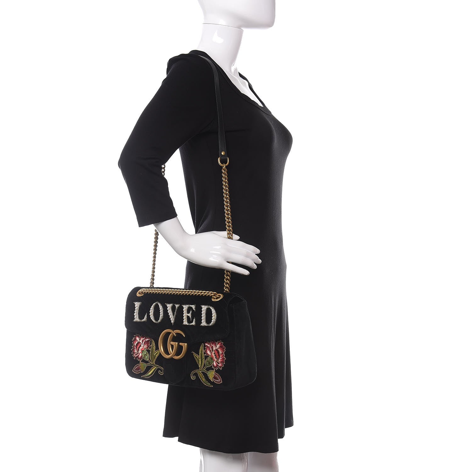 Gucci Velvet Matelasse Loved Embroidered Medium GG Marmont Shoulder Bag Black 2 of 9