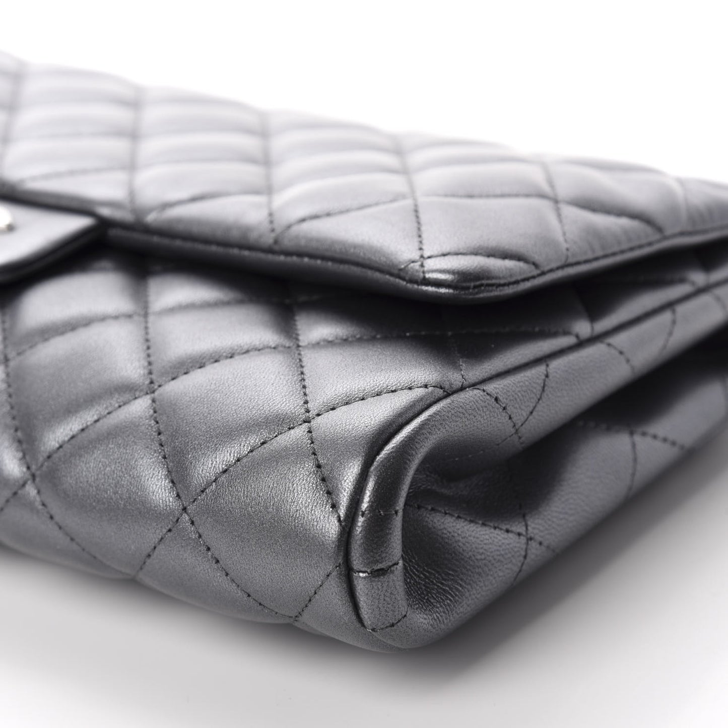 Metallic Lambskin Quilted Clutch With Chain Flap Dark Grey