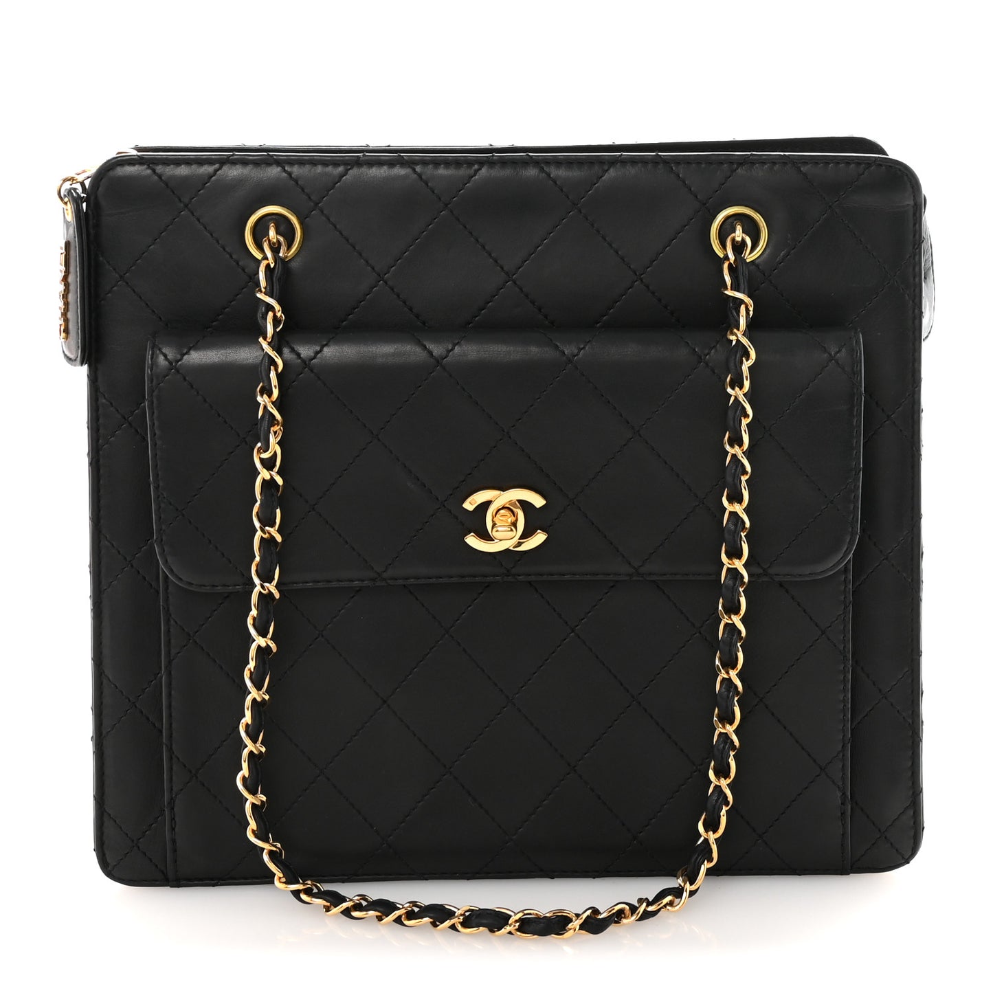 Lambskin Quilted CC Front Pocket Shopping Tote Black